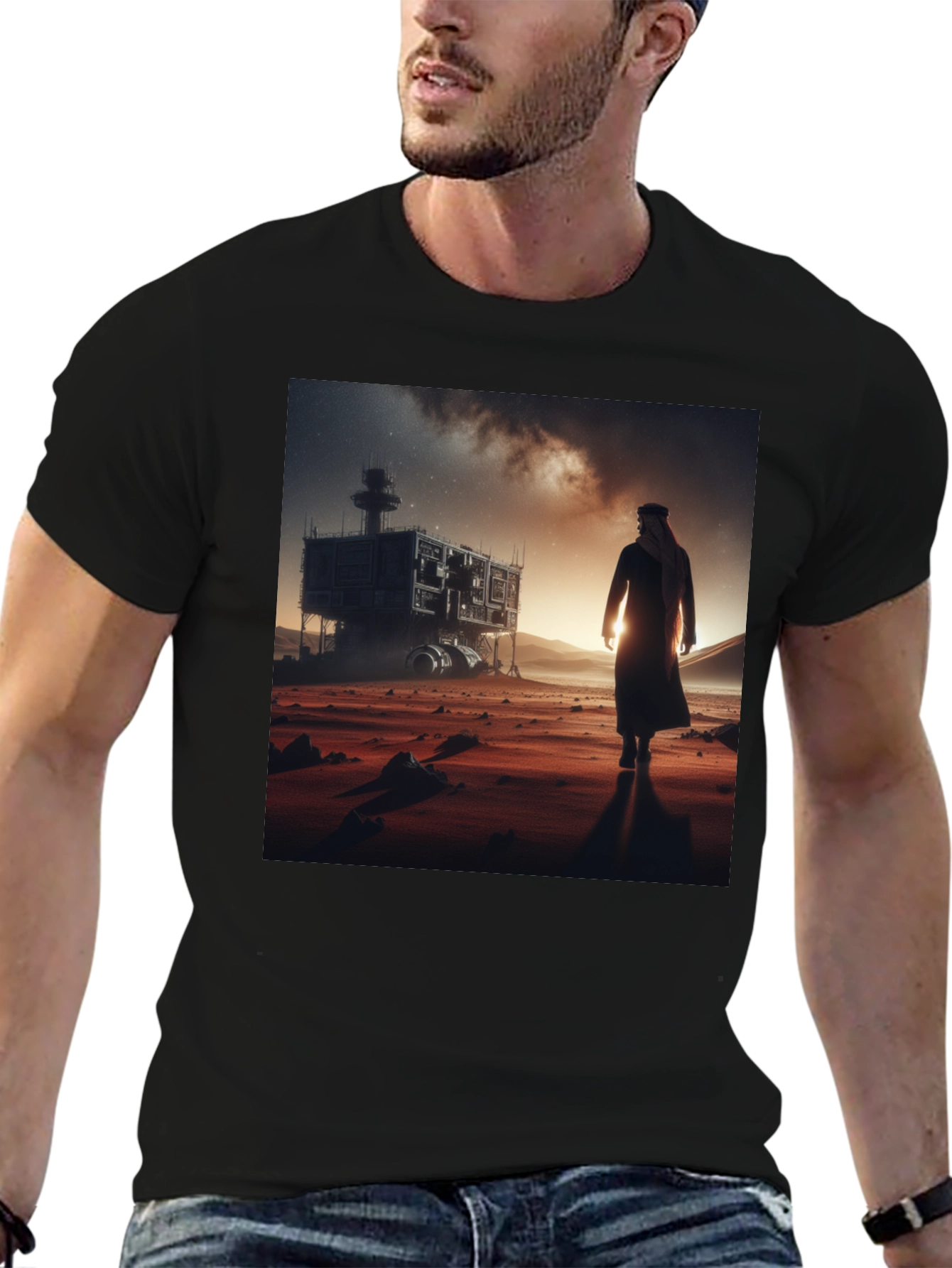 Black Futuristic Desert Traveler Graphic Tee view 6