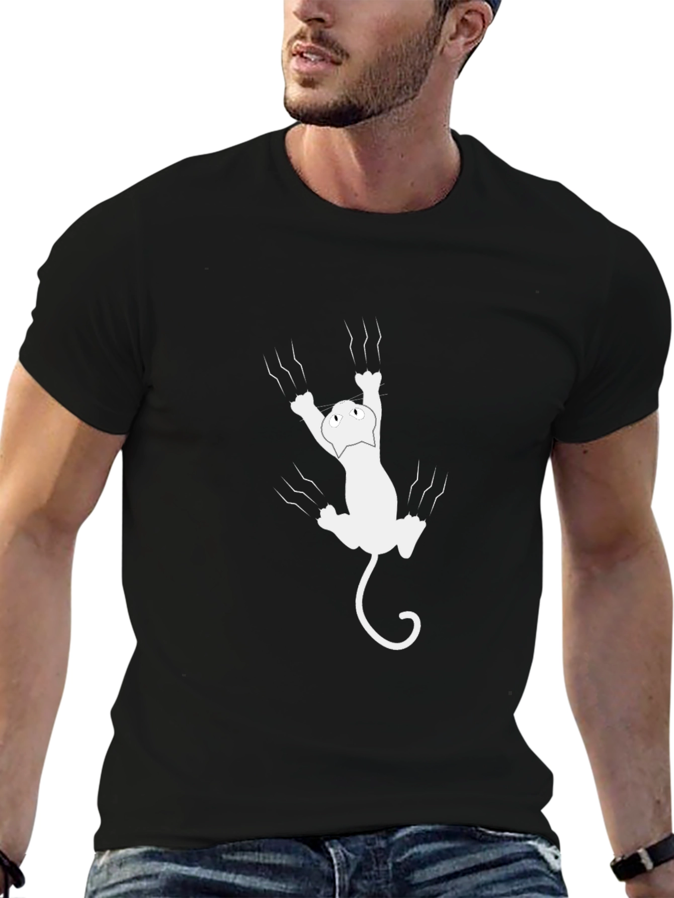Black Funny Cat Scratching Black T-Shirt view 6