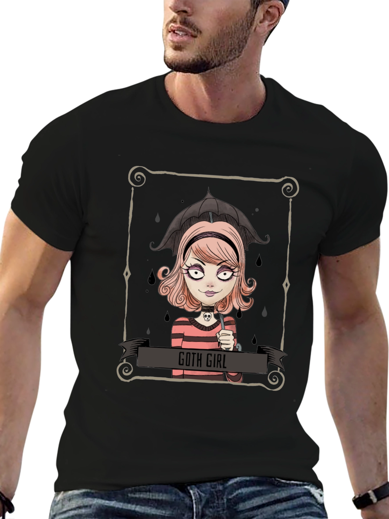 Black Goth Girl Tee - Cartoon Graphic T-Shirt view 6
