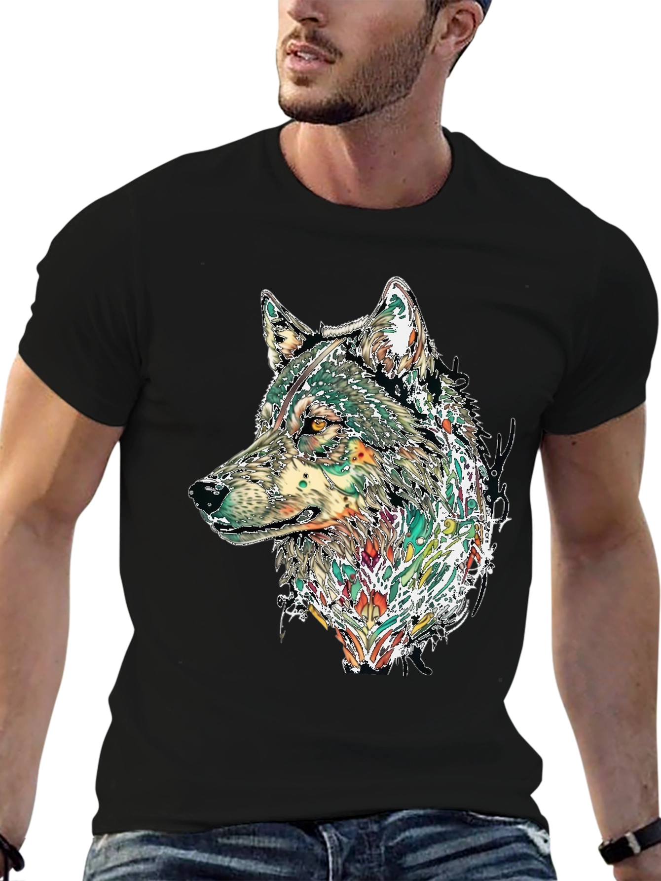 Black Wolf Graphic Print Black T-Shirt view 6