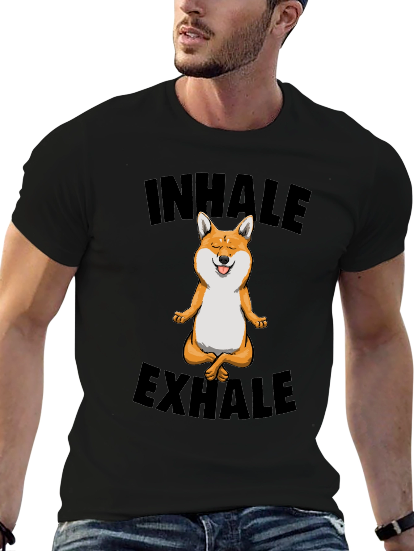 Black Yoga Dog T-Shirt - Inhale Exhale Meditation Tee view 6