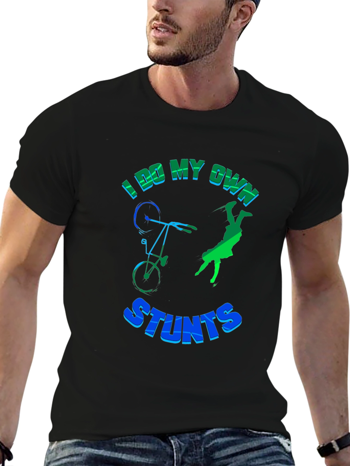 Black I Do My Own Stunts T-Shirt, Funny Bike Design view 6