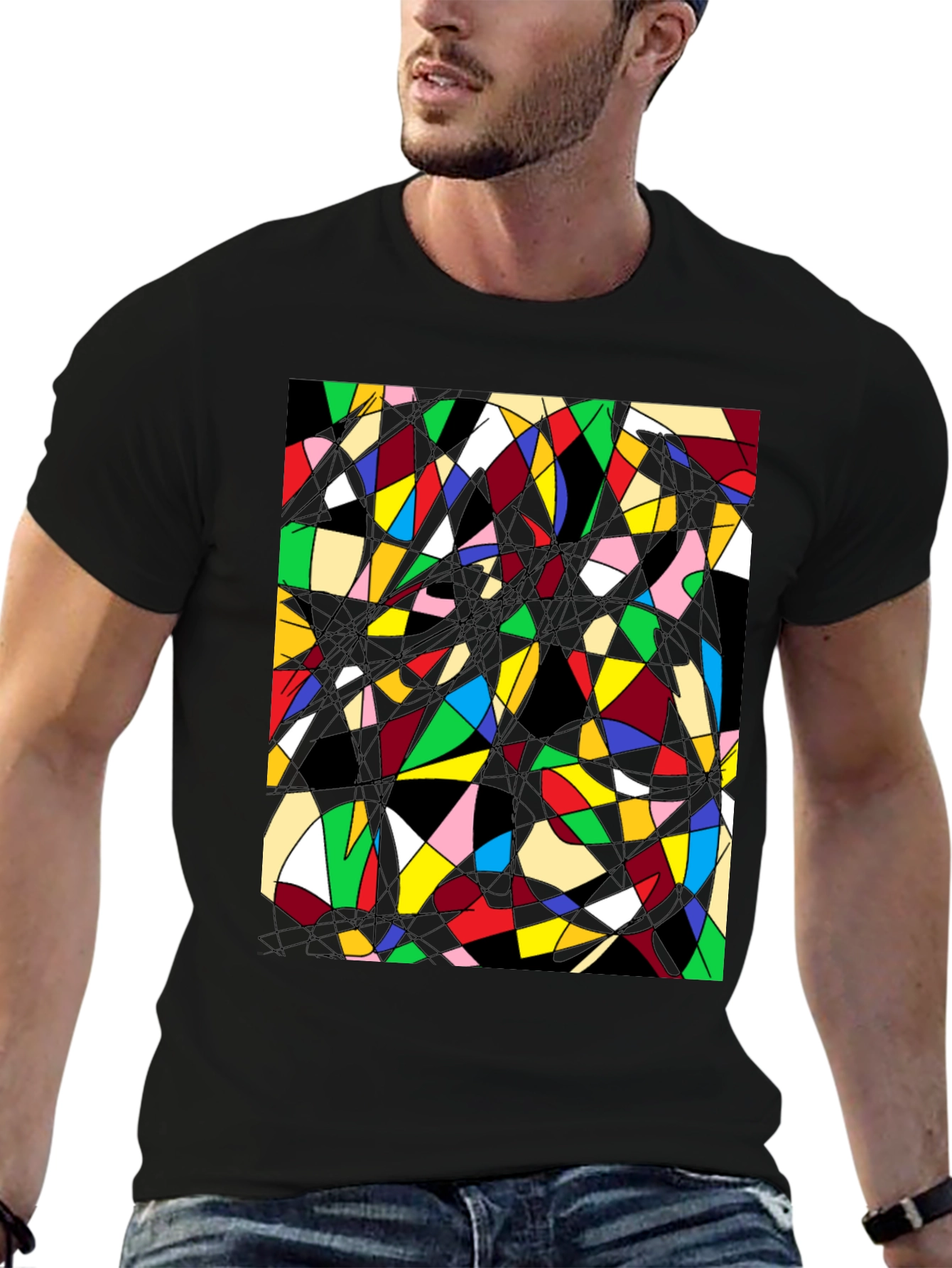 Black Abstract Geometric T-Shirt: Colorful Stained Glass Design view 6