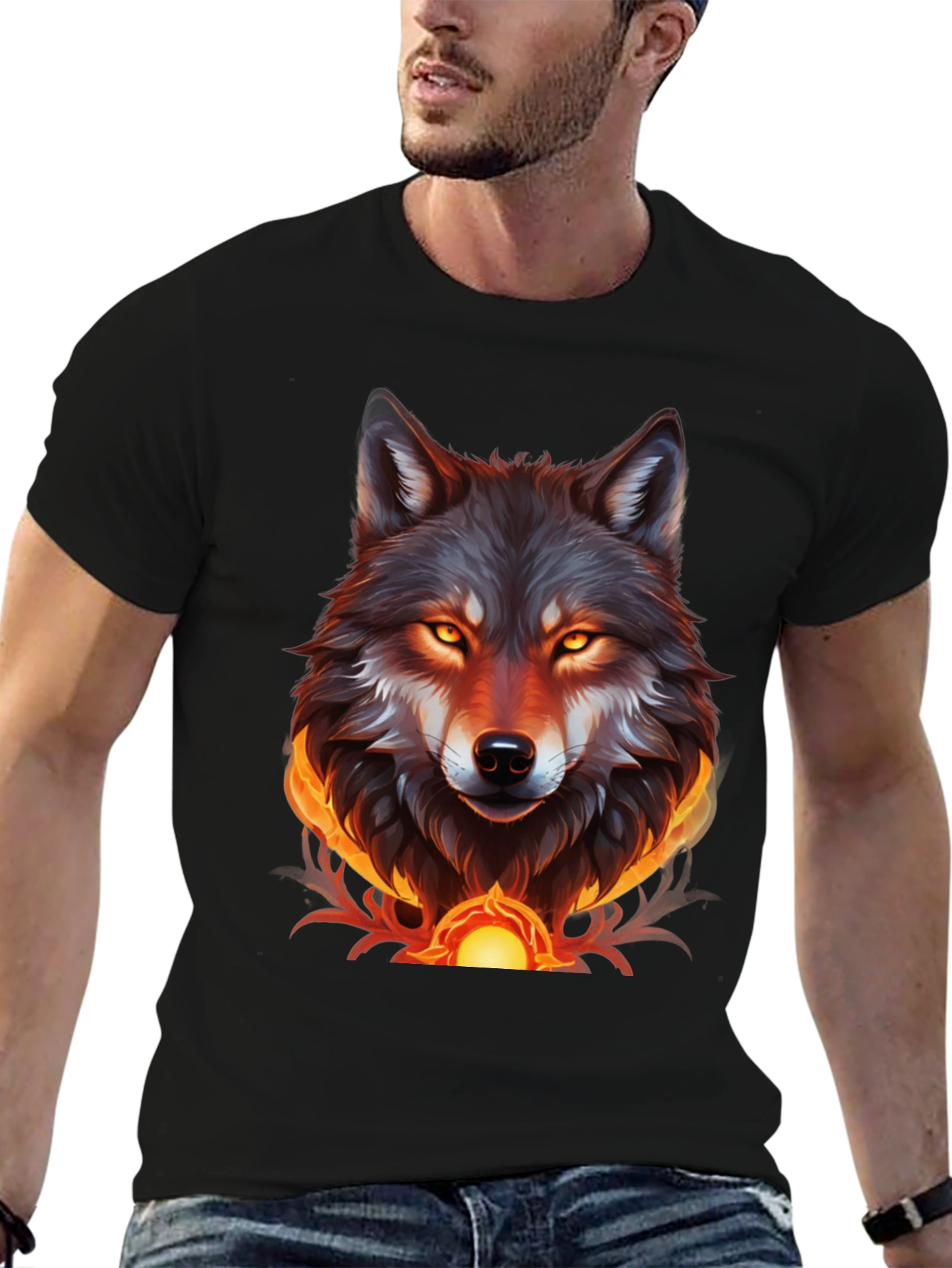 Black Fiery Wolf Graphic Tee - Bold Black T-Shirt view 6