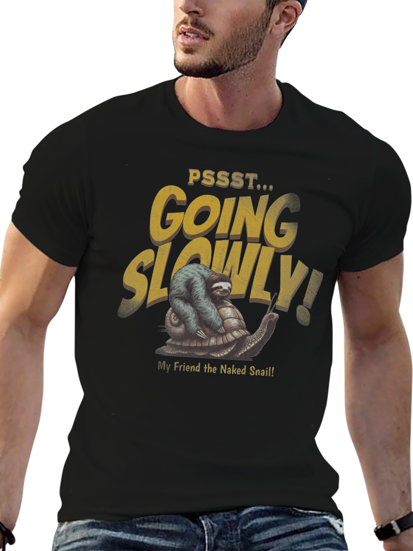 Black Sloth Riding a Snail T-Shirt - Going Slowly! view 6