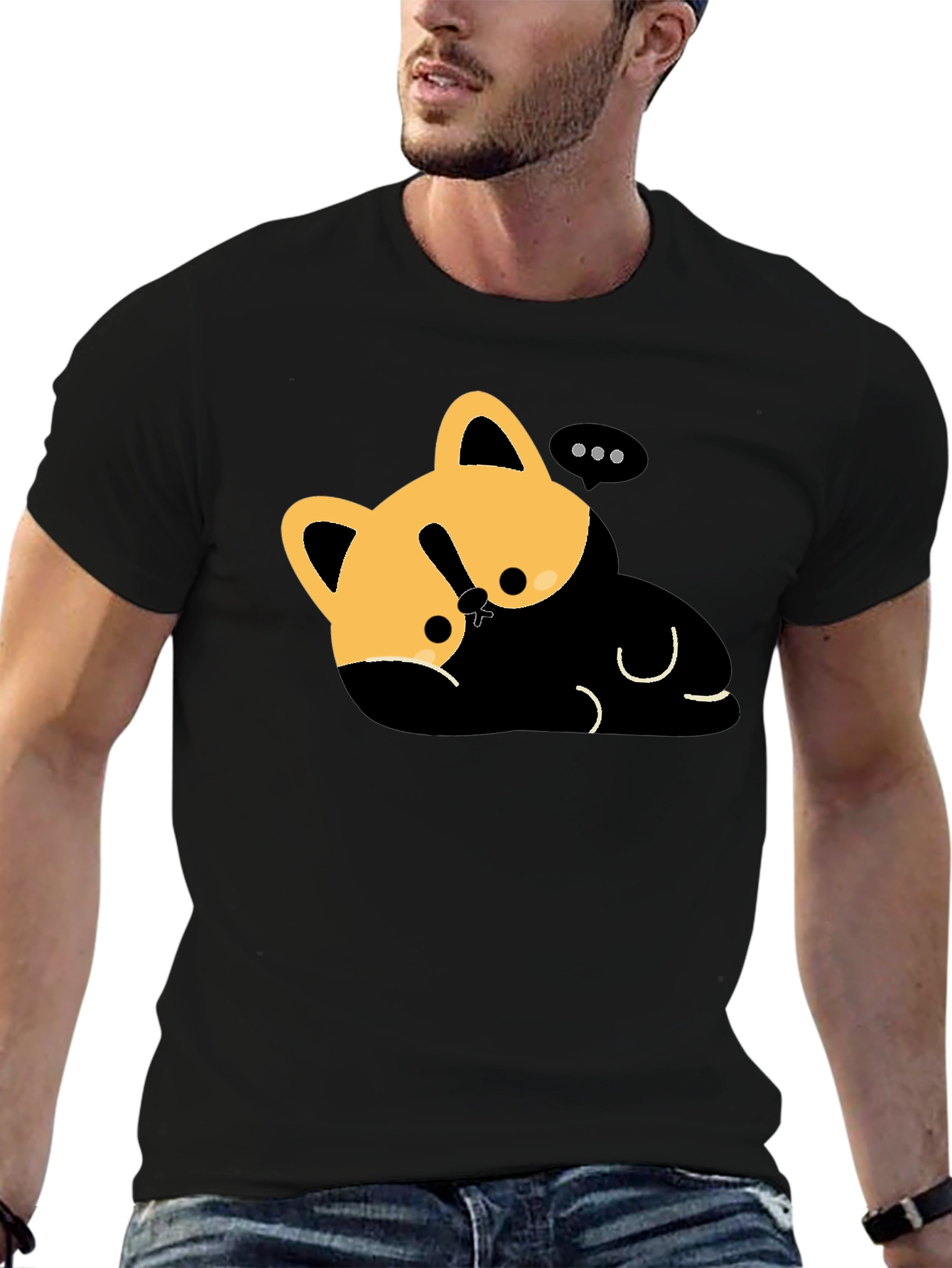 Black Cute Cat Nap T-Shirt - Relaxed Fit, Black view 6