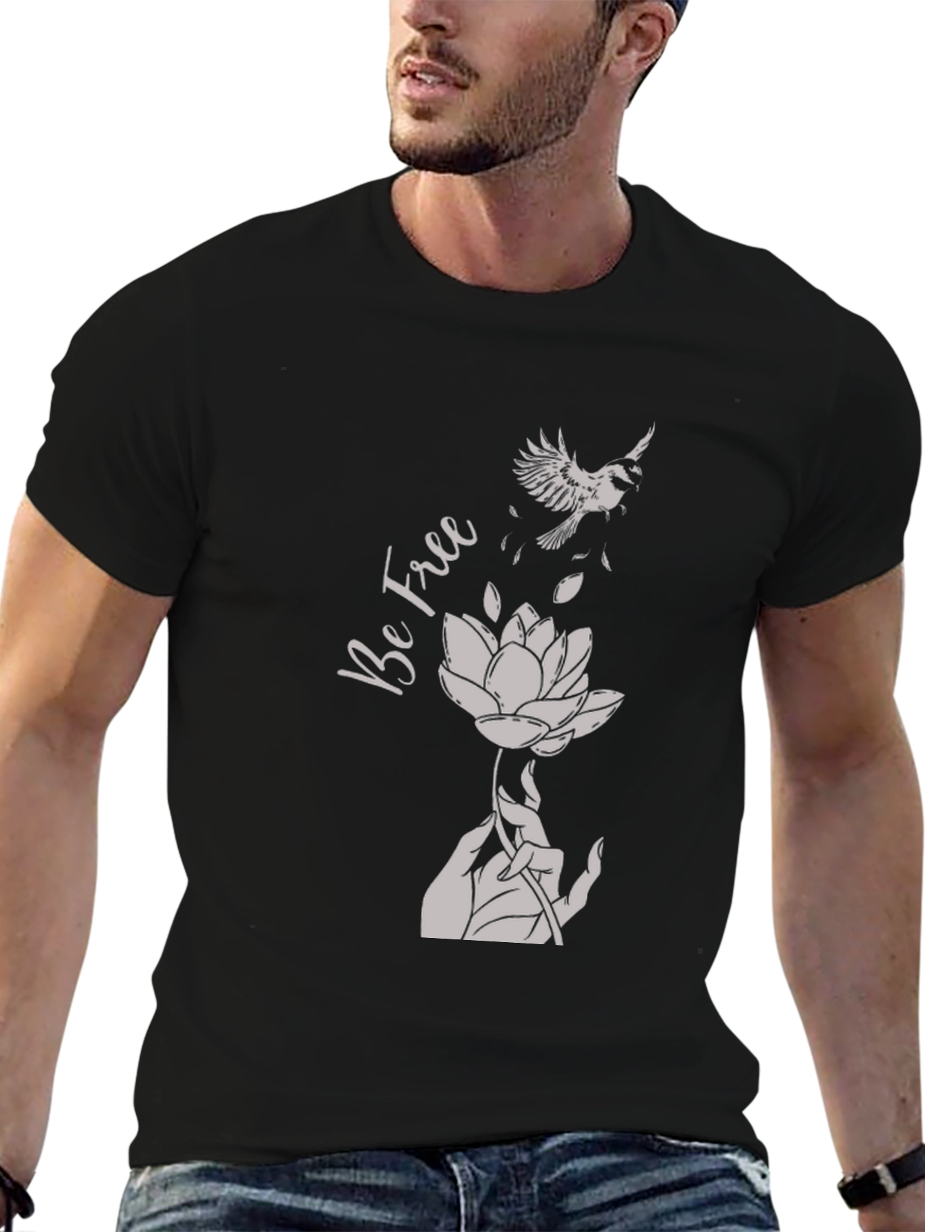 Black Be Free Graphic Tee - Bird & Lotus Design view 6