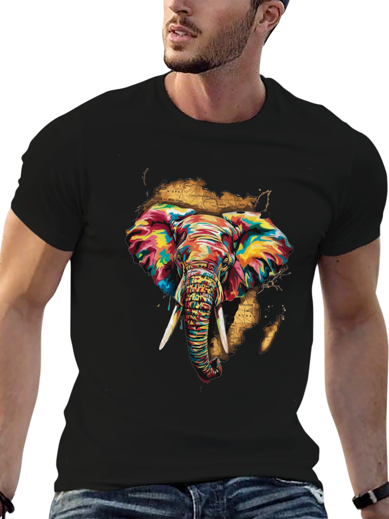 Black Vibrant Elephant Print Men's Black T-Shirt view 6