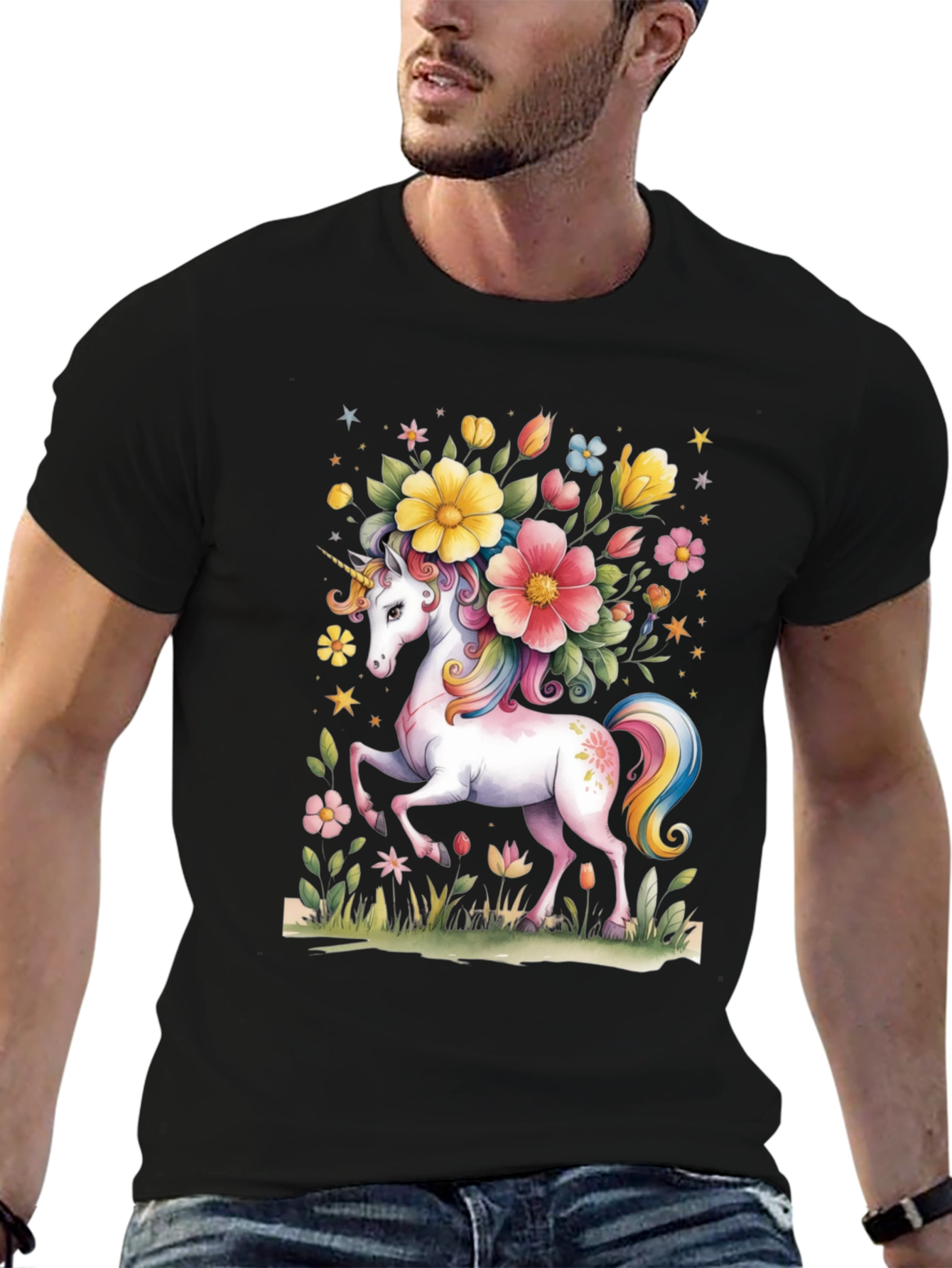 Black Unicorn Floral Graphic Tee - Black Cotton T-Shirt view 6