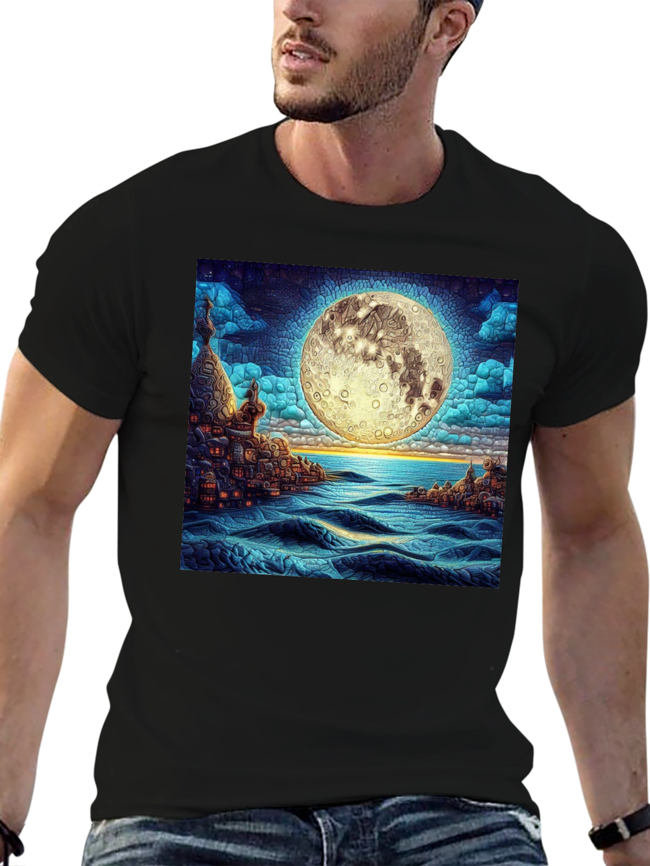 Black Moonlit Cityscape Graphic Tee view 6