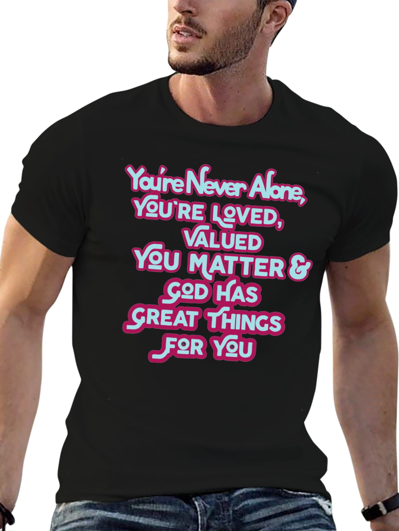 Black Inspirational T-Shirt: You're Never Alone Christian Tee view 6