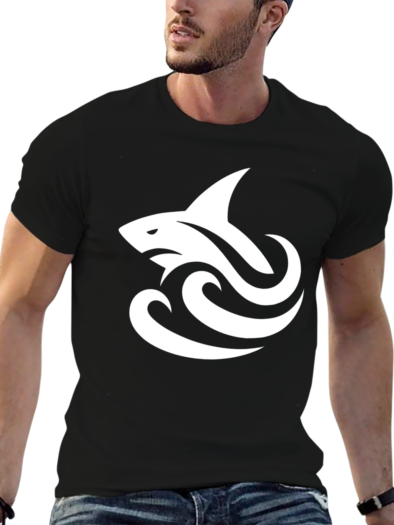 Black Cool Shark Wave Graphic Black Tee view 6