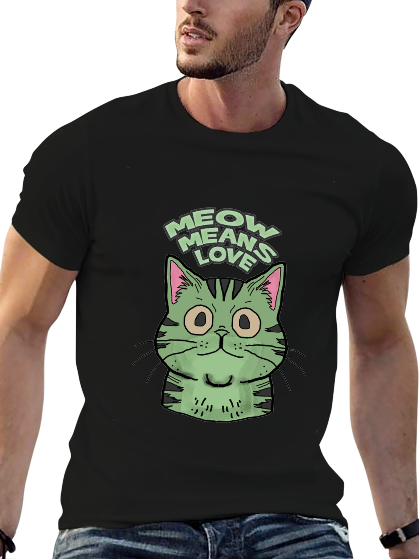 Black Meow Means Love Cat Graphic Tee - Unisex Black T-Shirt view 6