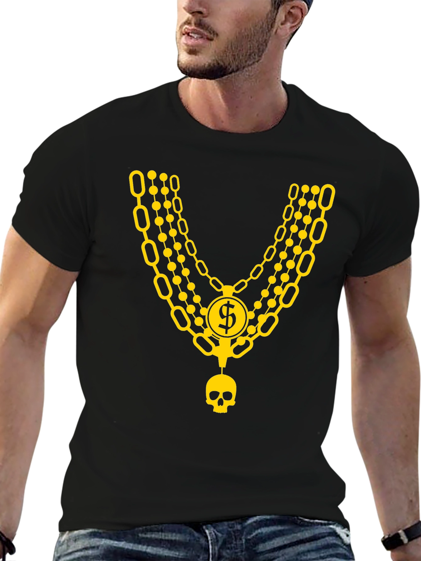 Black Men's Black T-Shirt with Gold Chain and Skull Design view 6