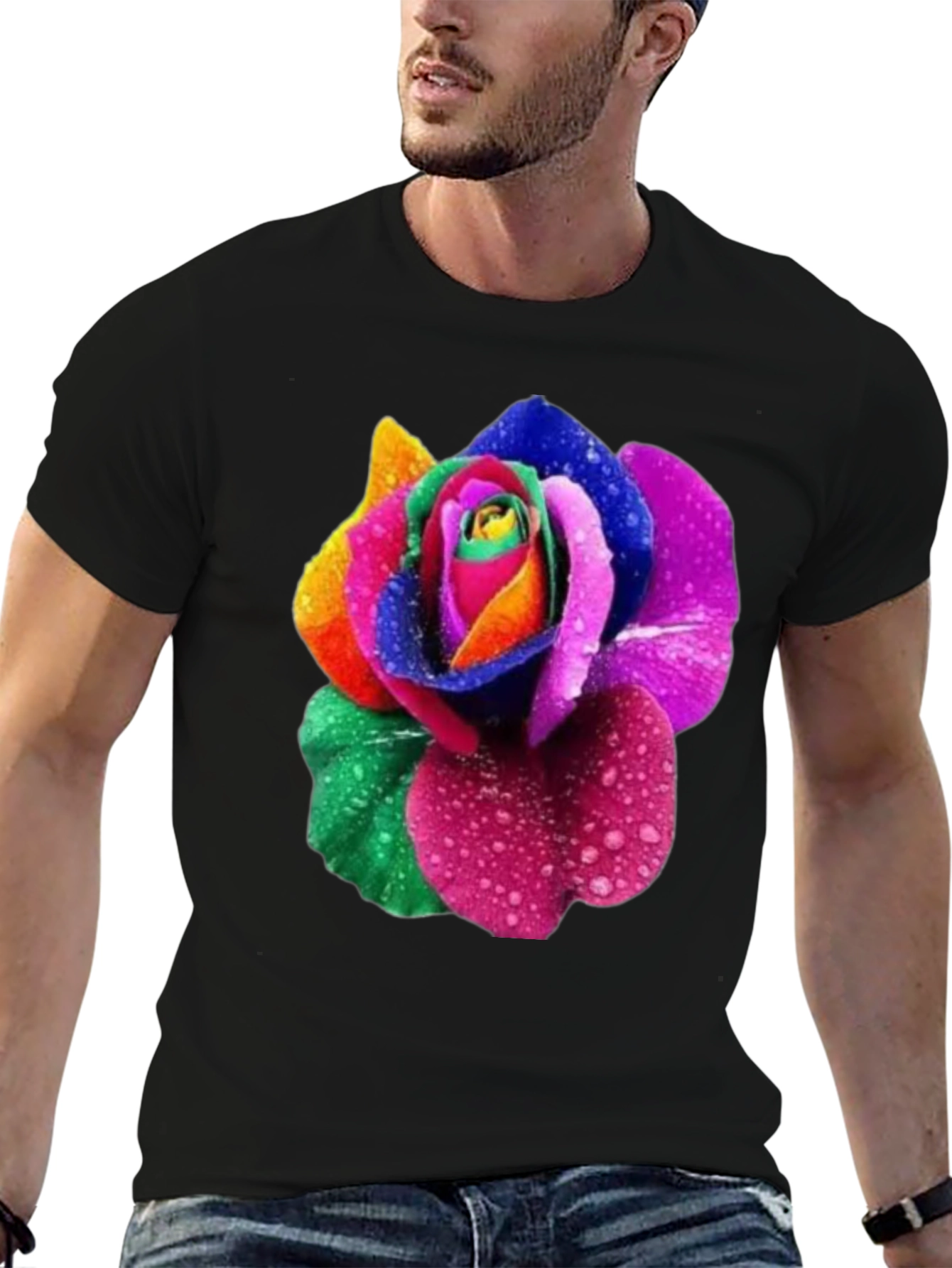 Rainbow Rose Graphic Tee - Men's Black T-Shirt - 6