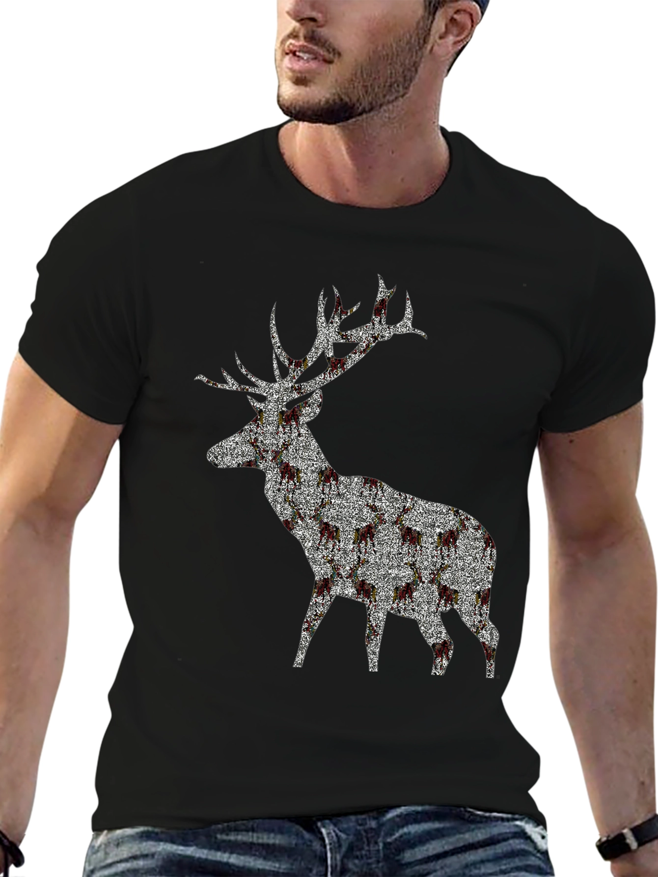Black Stag Patterned Crew Neck T-Shirt view 6