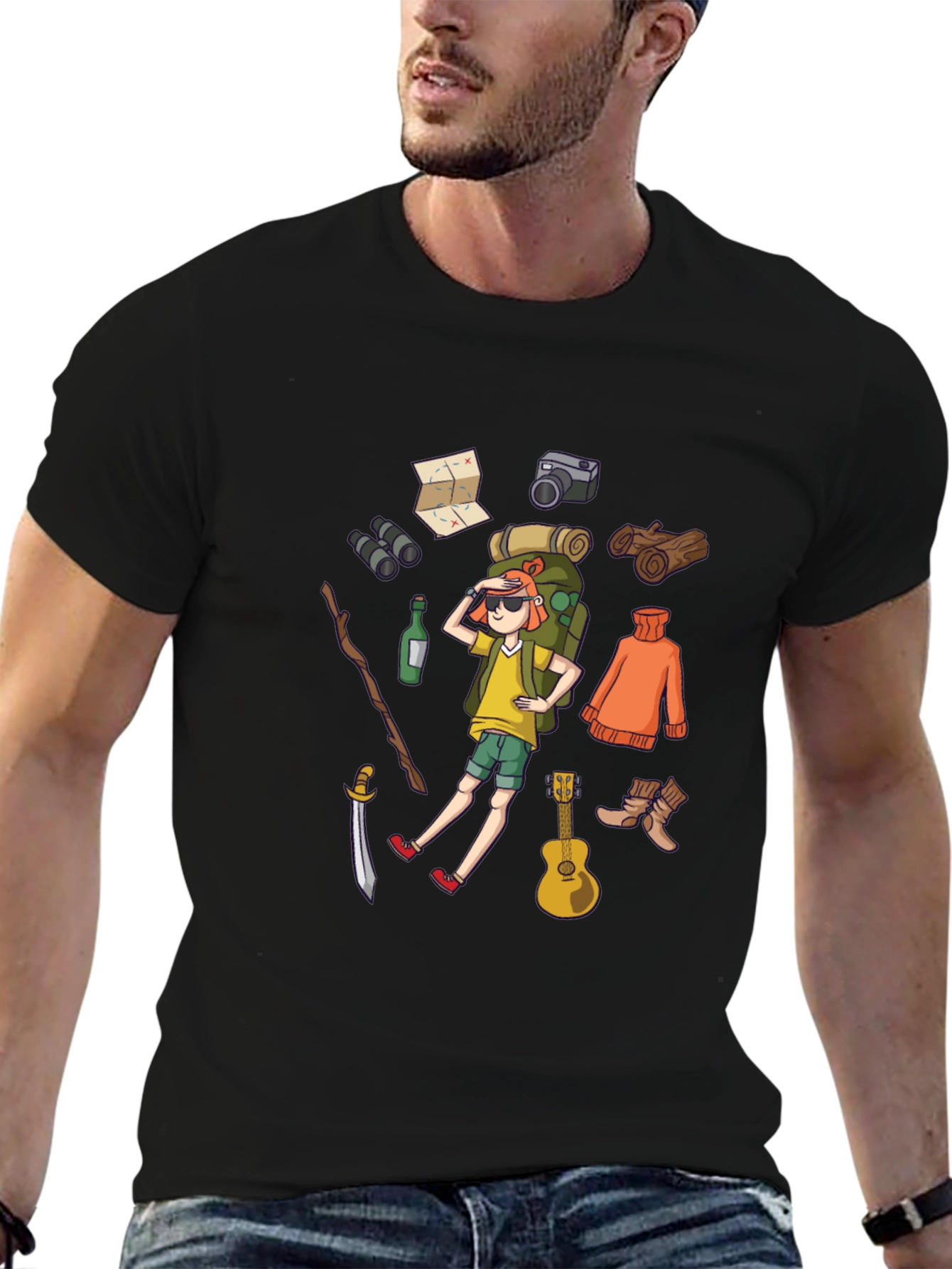 Black Cartoon Hiker Black T-Shirt view 6