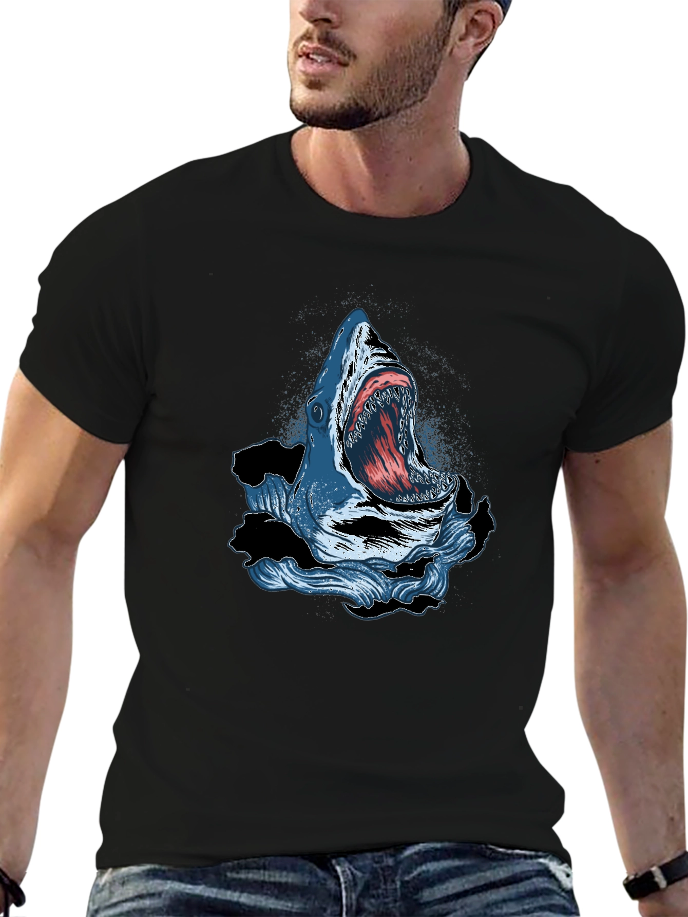 Black Shark Attack Graphic Print Crew Neck T-Shirt view 6