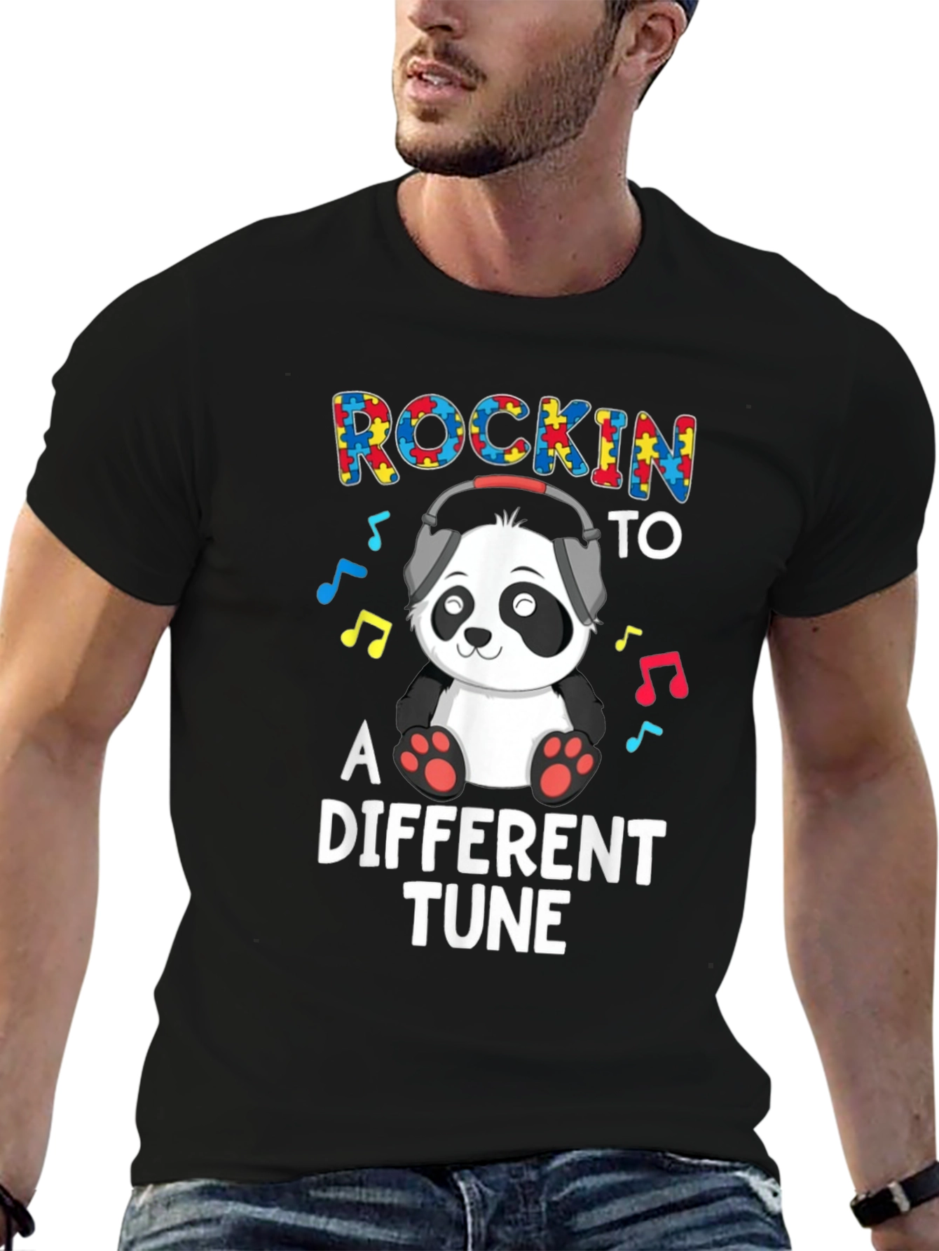 Black Rockin' to a Different Tune Autism Panda T-Shirt view 6