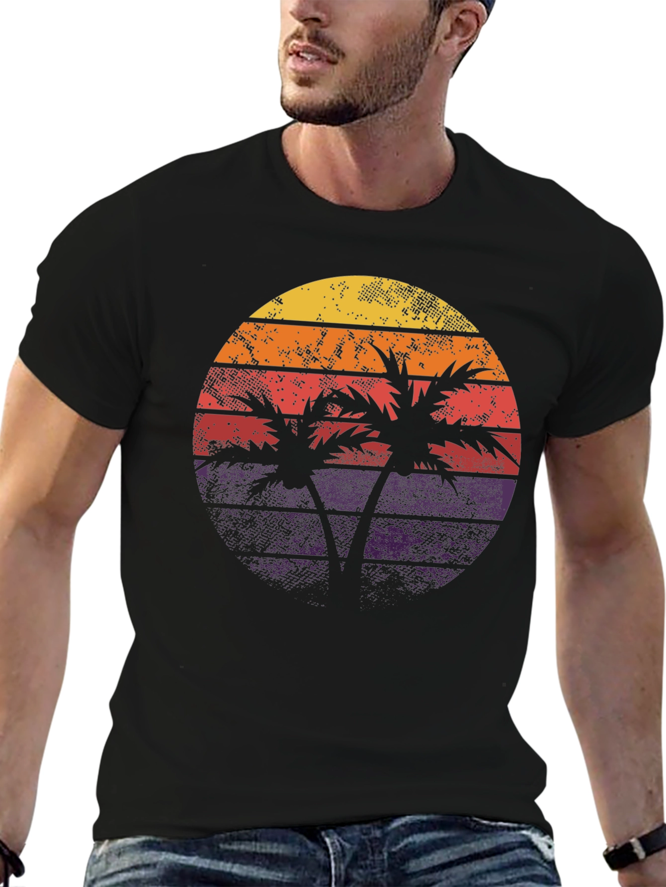 Black Retro Sunset Palm Tree Graphic Tee view 6