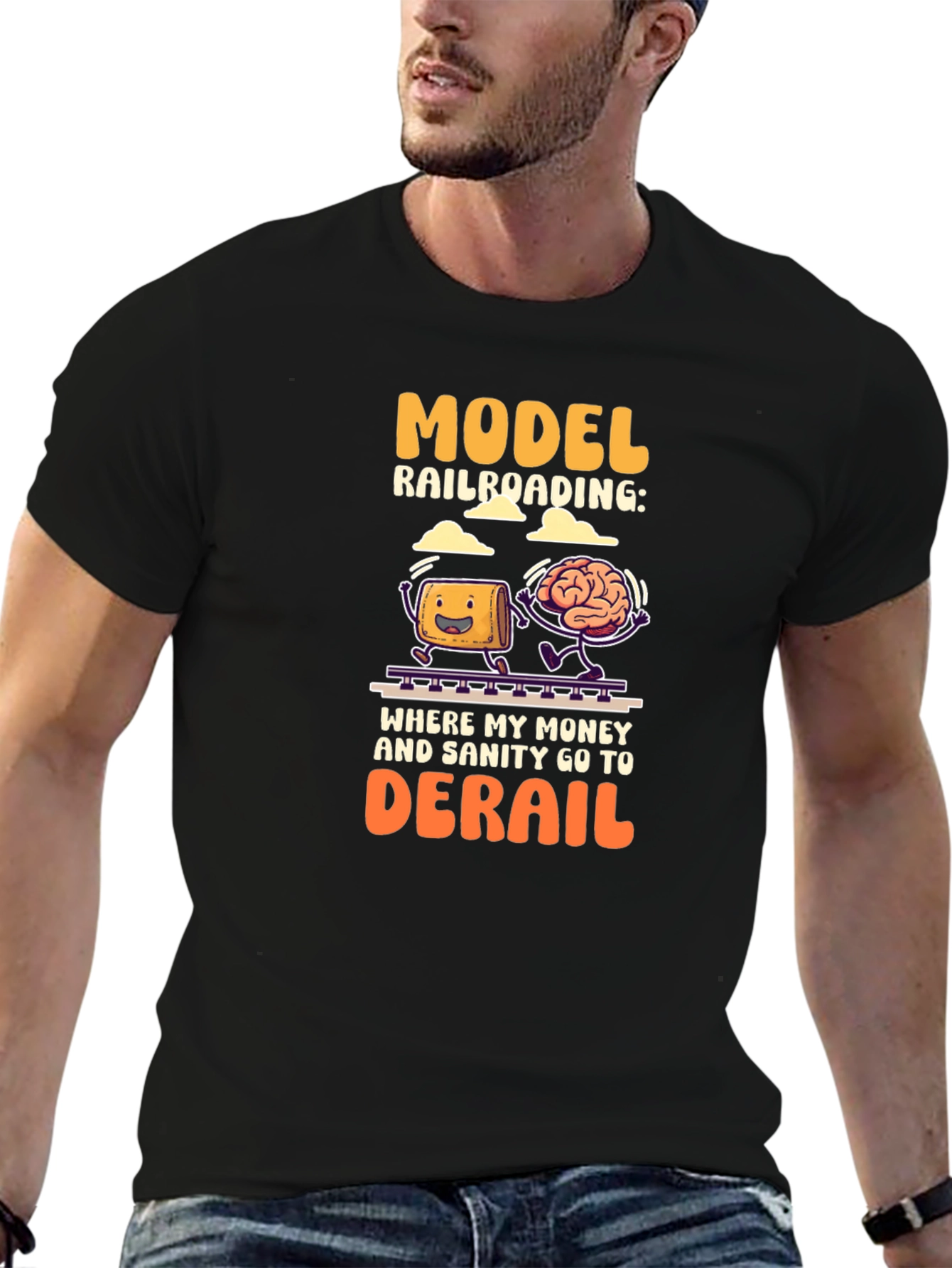 Black Model Railroading T-Shirt: Money & Sanity Derail! view 6