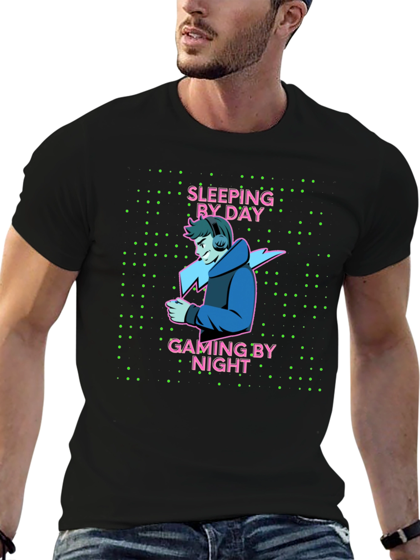 Black Gamer Life T-Shirt - Sleeping By Day, Gaming By Night view 6