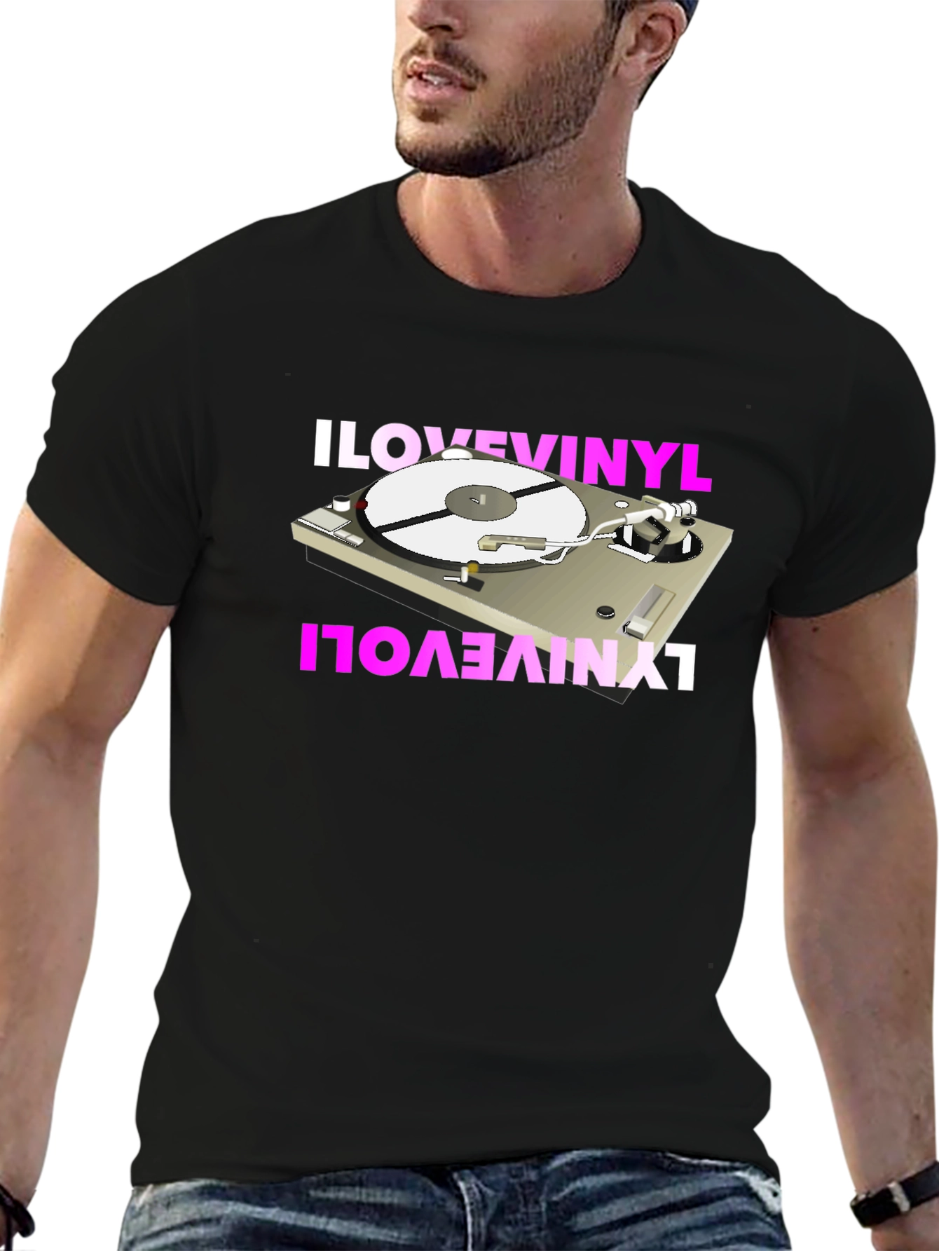 Black I Love Vinyl Turntable Graphic Tee view 6