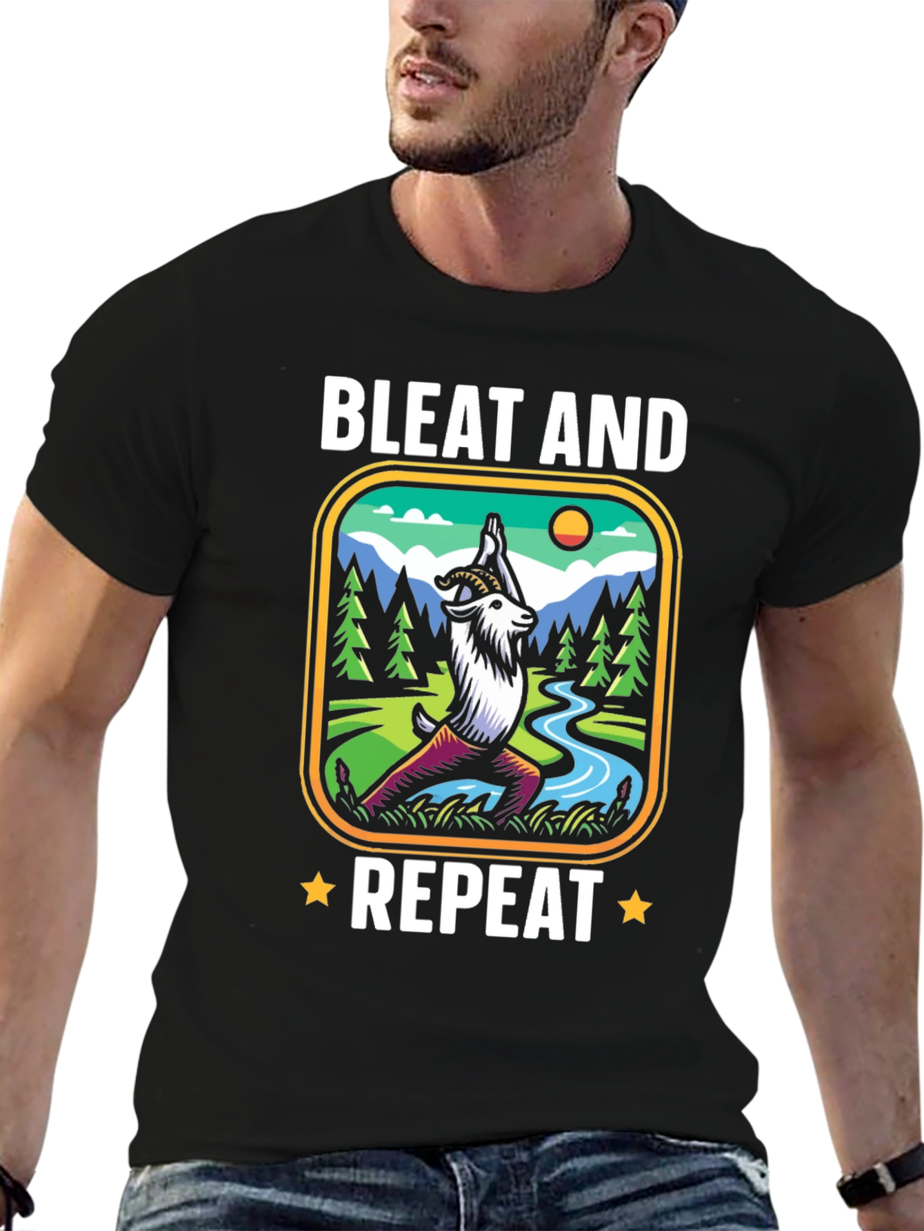 Black Bleat and Repeat Yoga Goat T-Shirt view 6