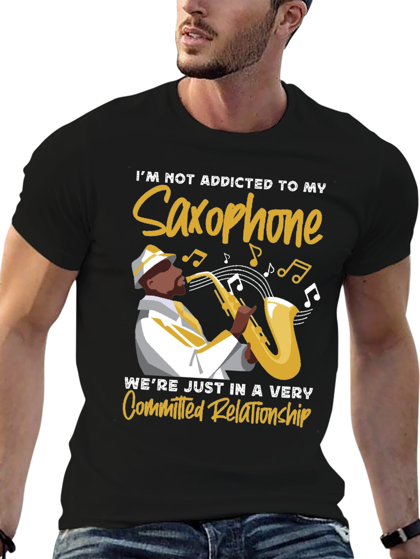 Black Saxophone Lover T-Shirt: Committed Relationship Tee view 6