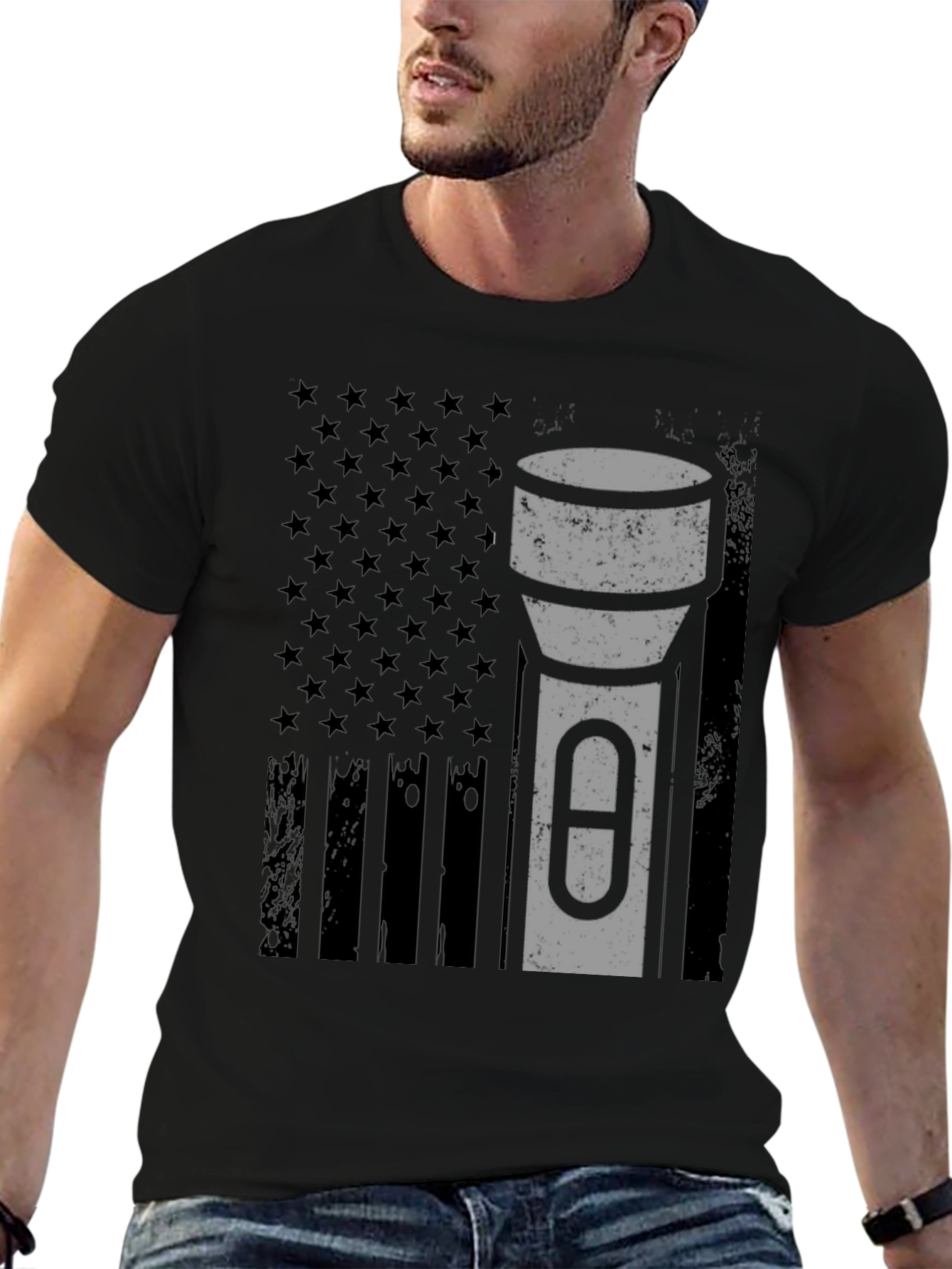Black American Flag Tactical Flashlight T-Shirt view 6