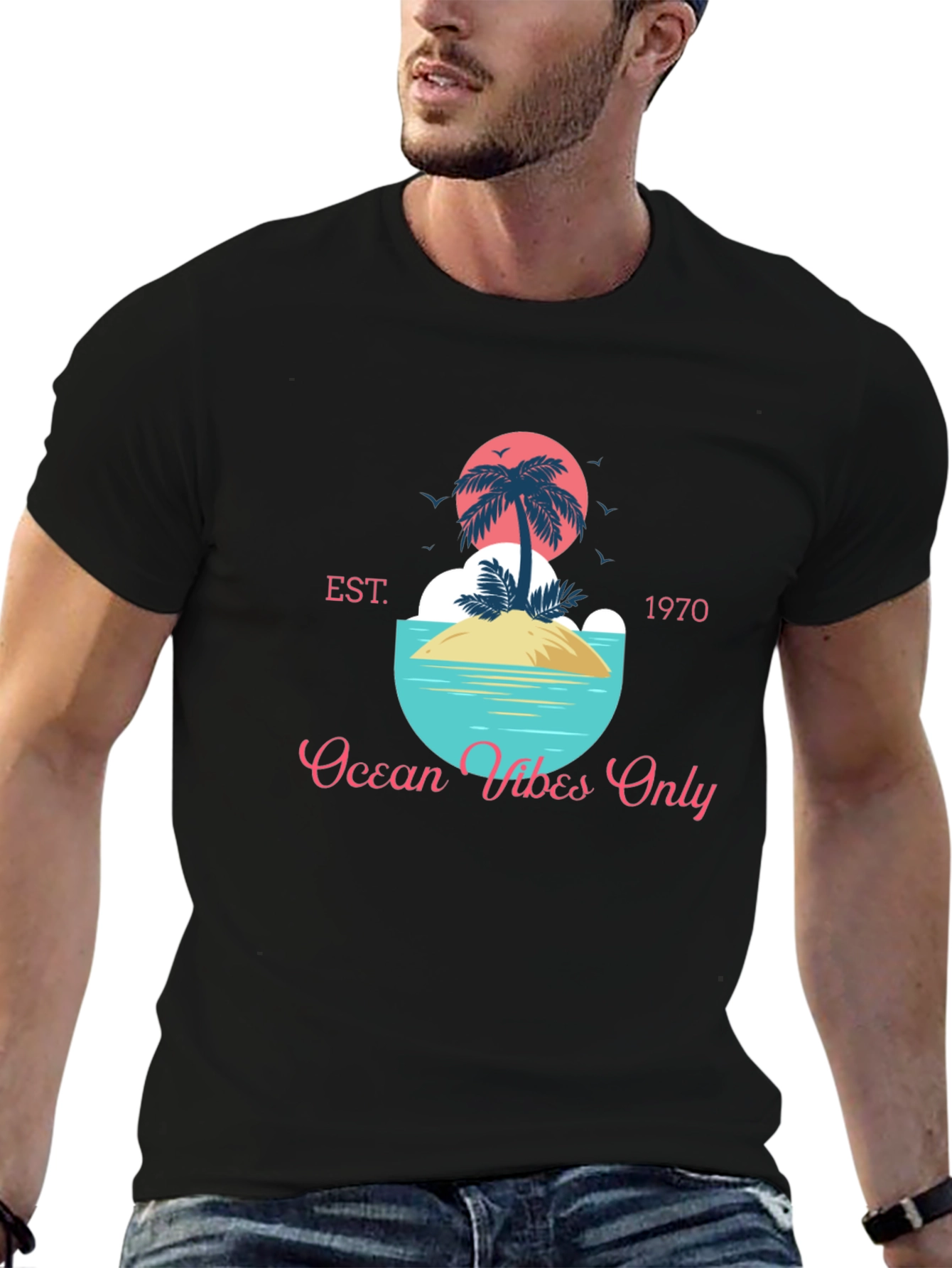 Black Ocean Vibes Only T-Shirt - Tropical Island Design view 6