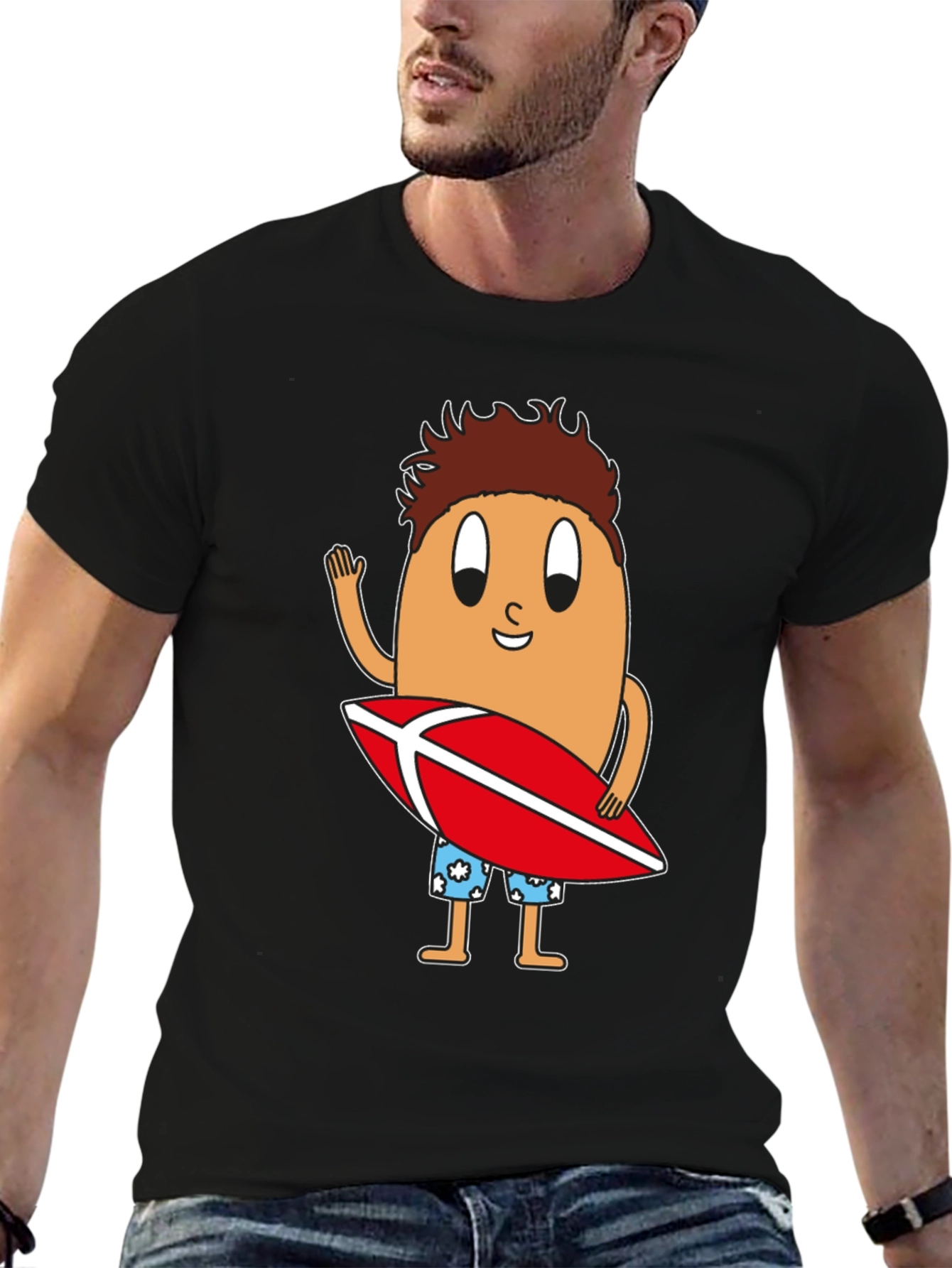 Black Funny Surfing Egg Cartoon Graphic T-Shirt view 6