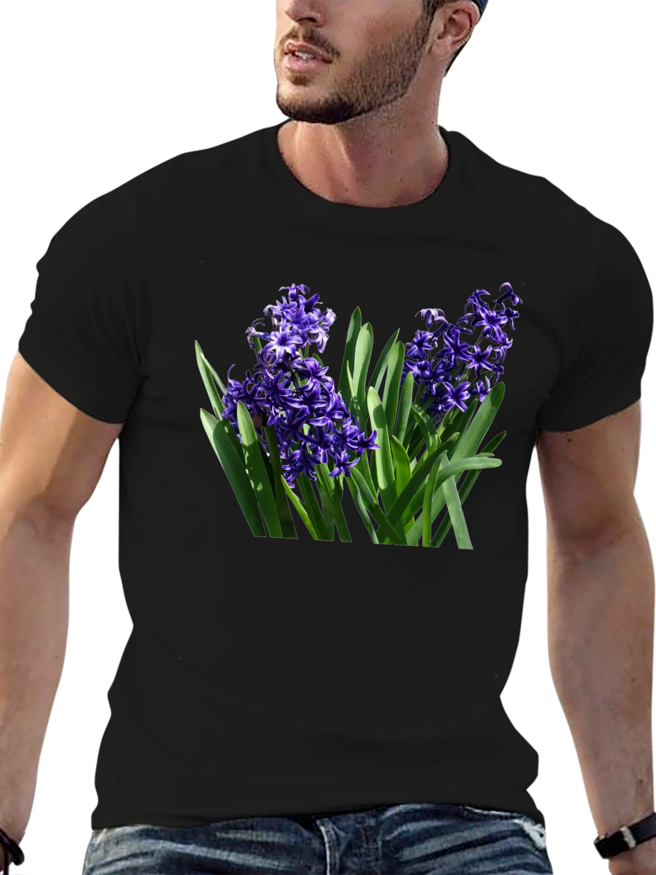 Black Floral Hyacinth Graphic Tee - Black Cotton T-Shirt view 6