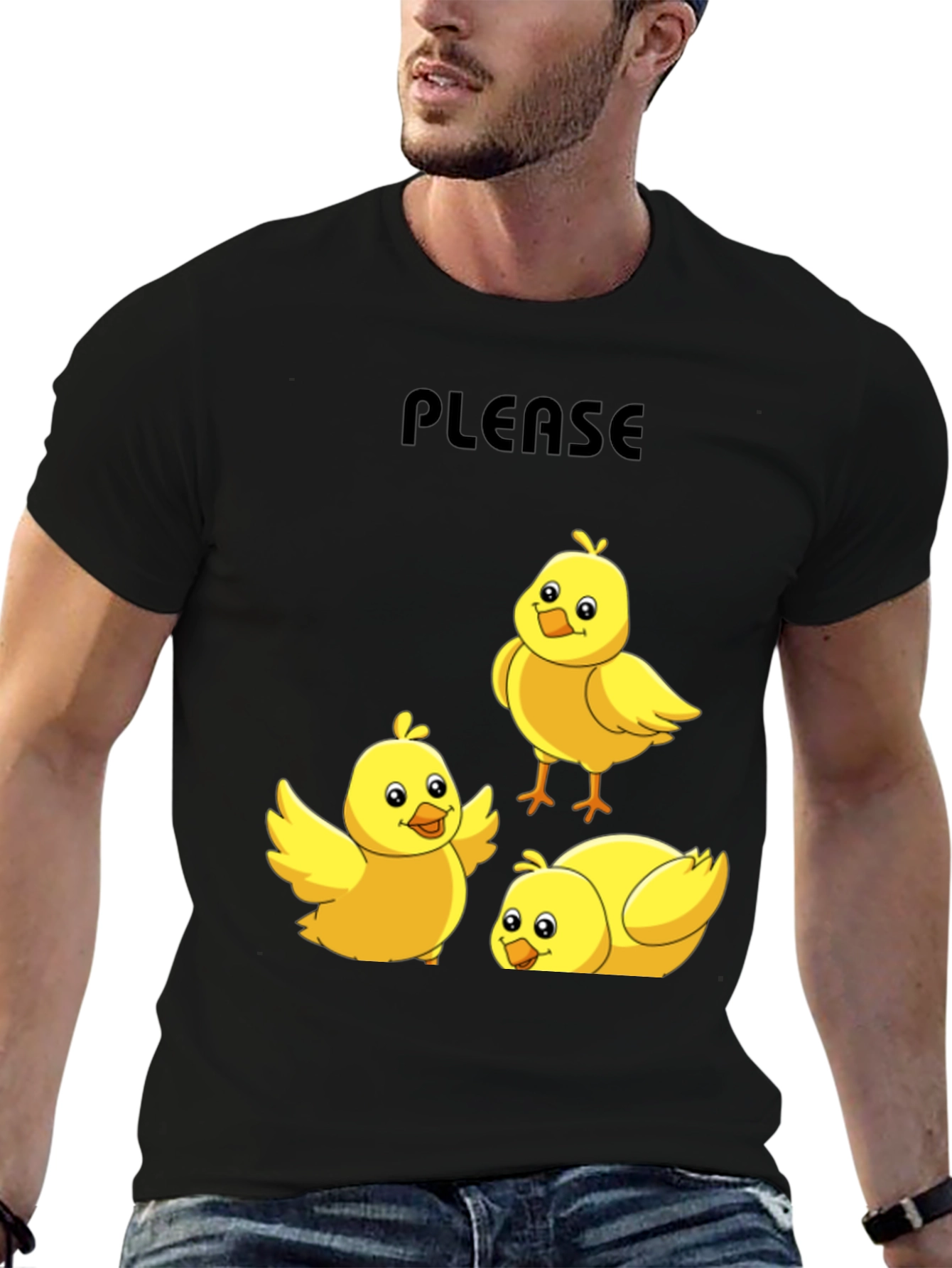Black Please Chick T-Shirt - Cute Cartoon Animal Tee view 6