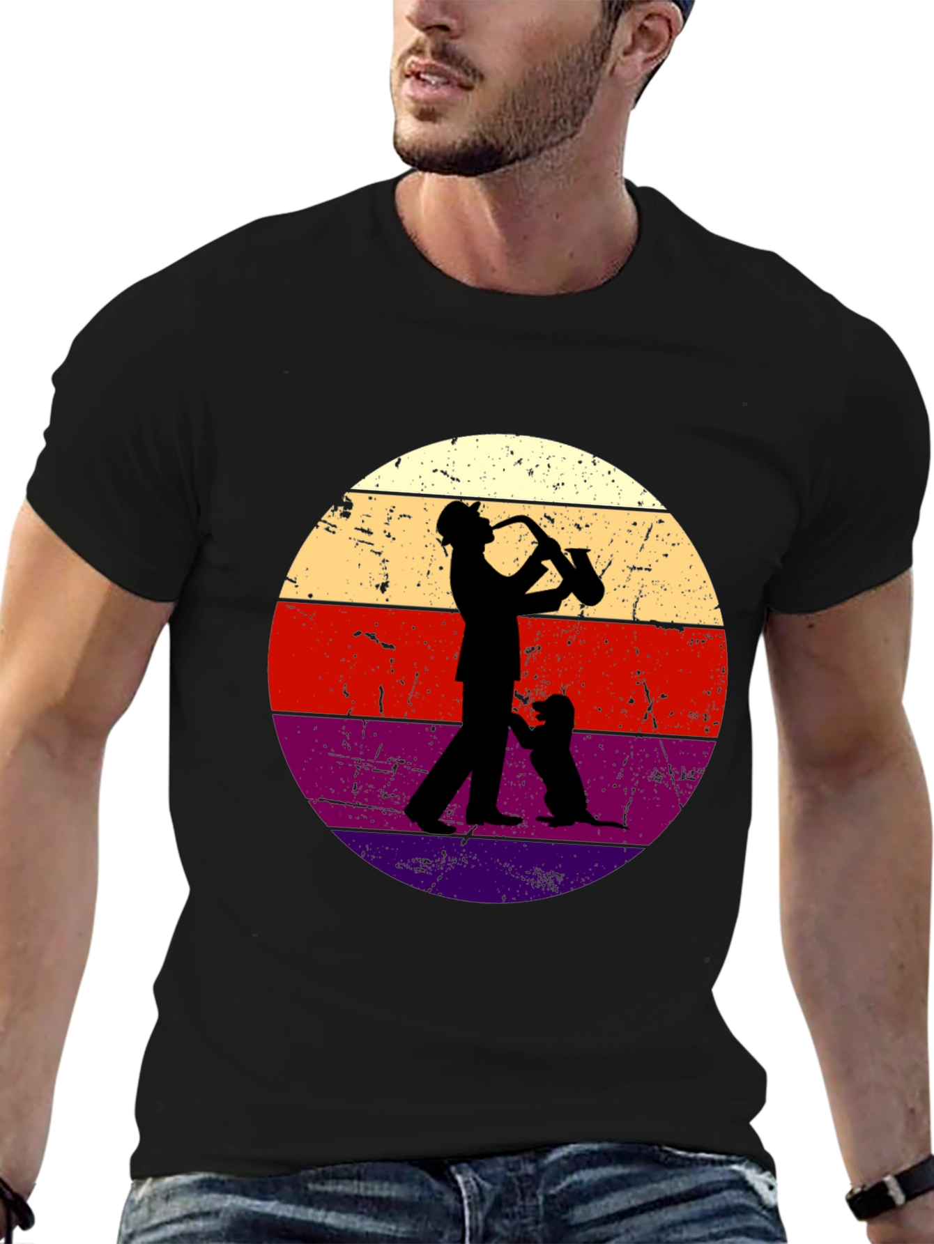 Black Saxophone Player & Dog Retro Graphic Tee view 6