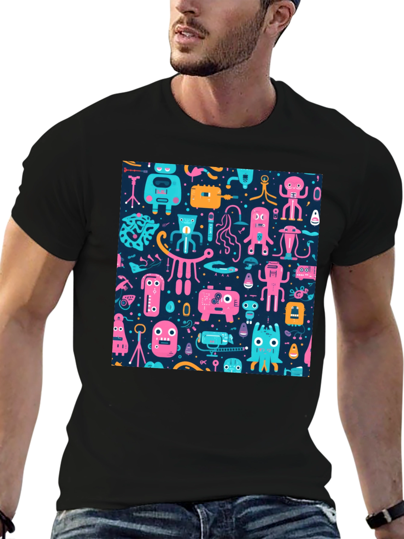 Black Funky Retro Robot Pattern T-Shirt view 6