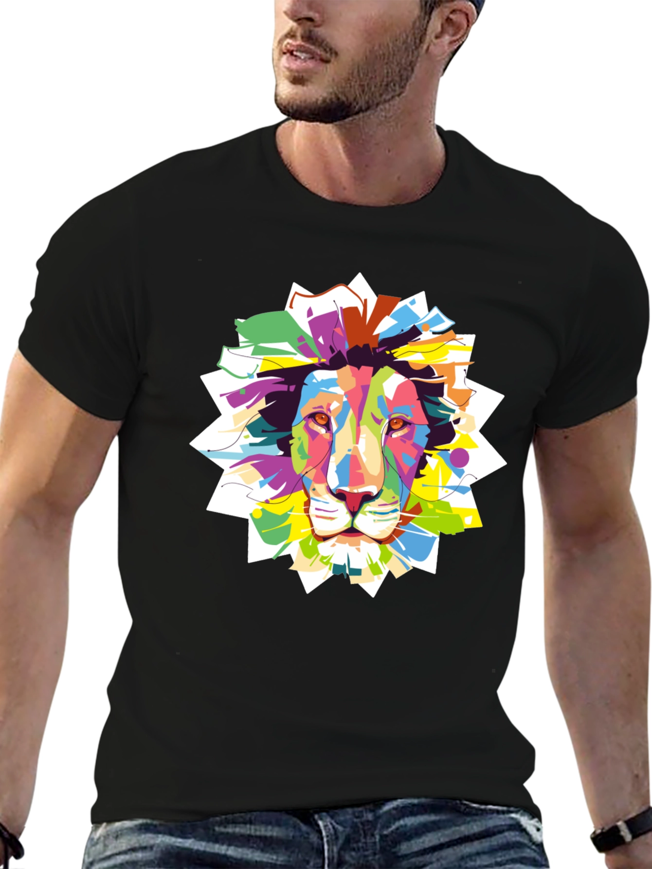 Black Vibrant Lion Graphic Black T-Shirt view 6