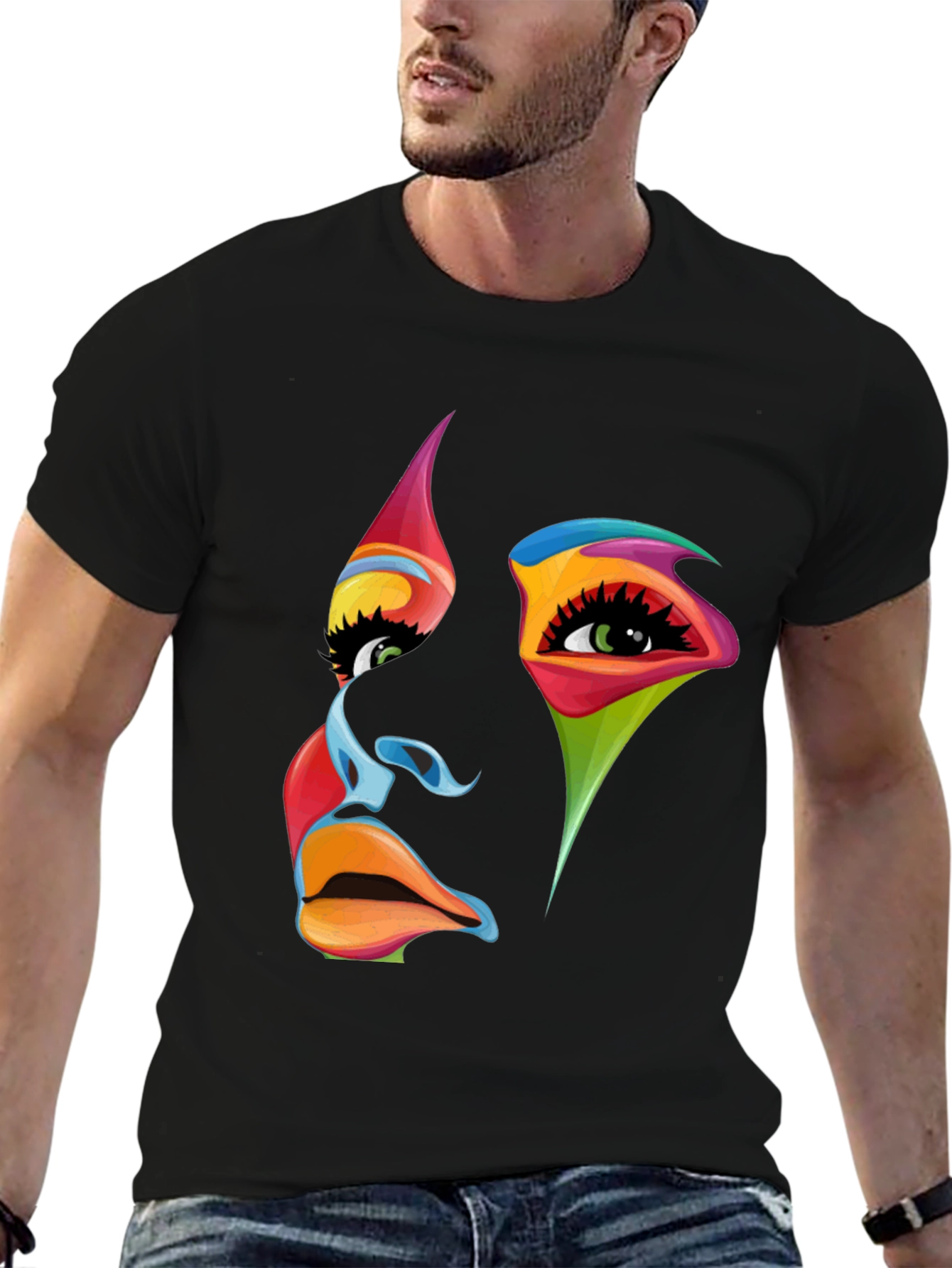 Black Abstract Face Graphic Tee - Vivid Colors, Modern Art view 6