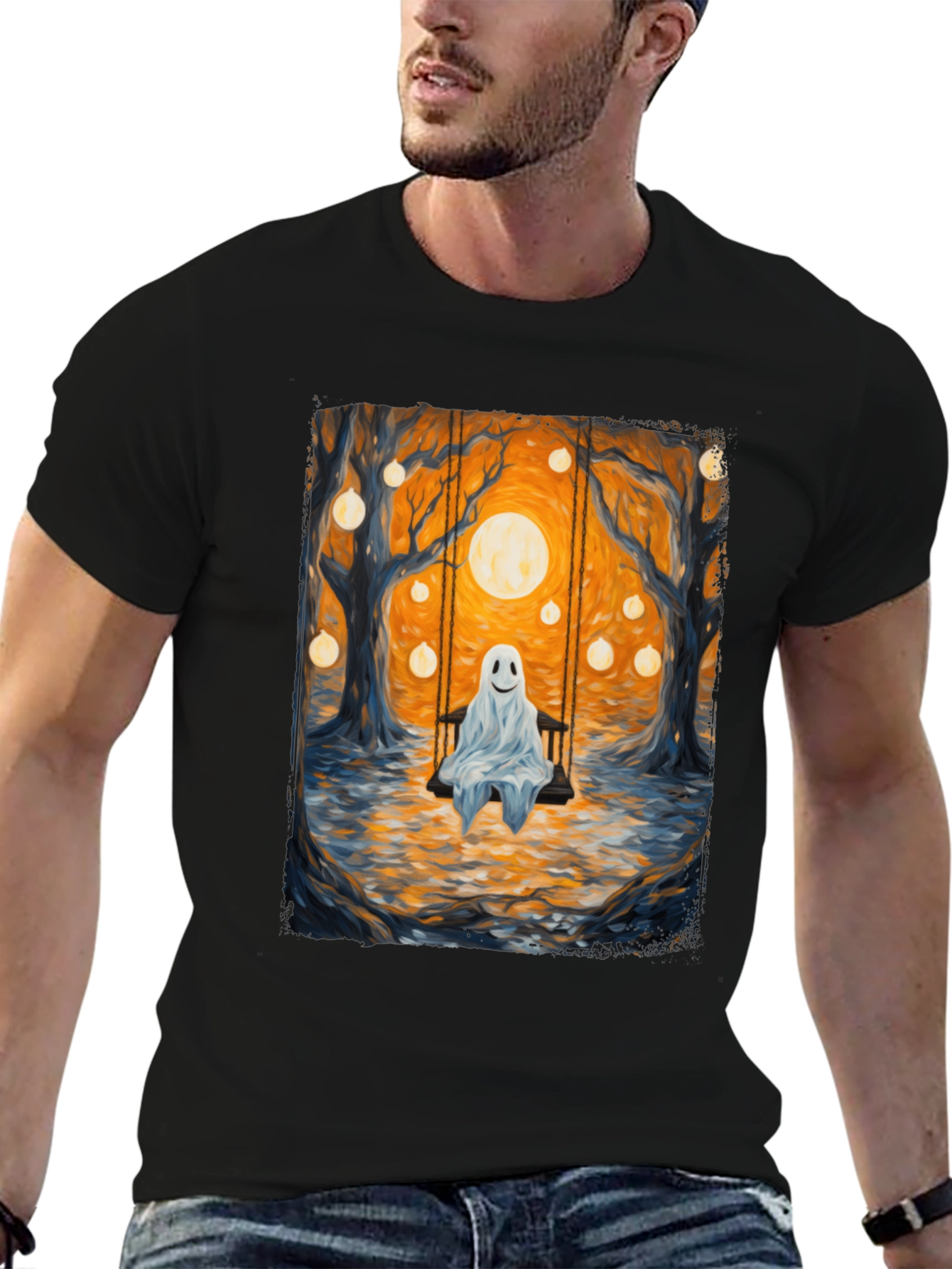Black Ghost on Swing T-Shirt - Spooky Season view 6