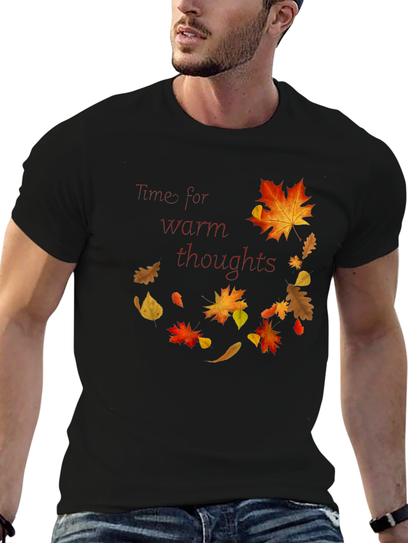 Black Warm Thoughts Autumn Leaf T-Shirt view 6
