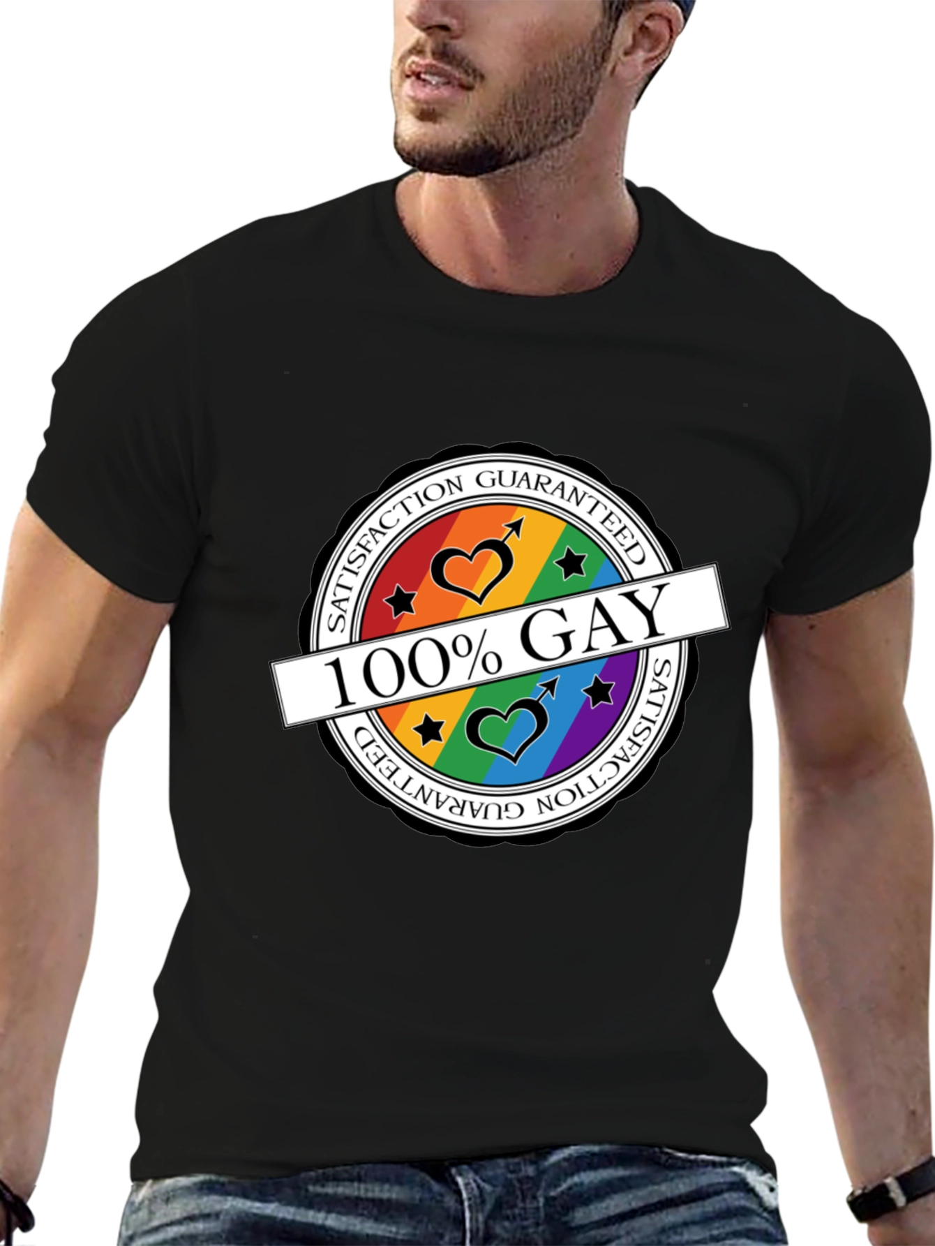 Black 100% Gay Pride T-Shirt - Satisfaction Guaranteed view 6
