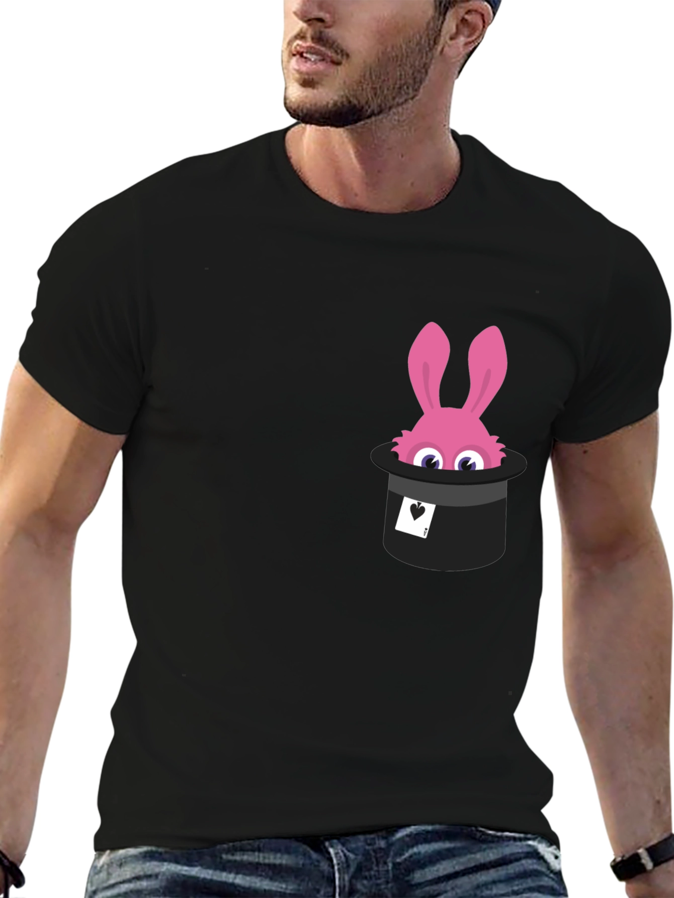 Black Magical Rabbit in Hat Graphic Tee - Black Cotton T-Shirt view 6