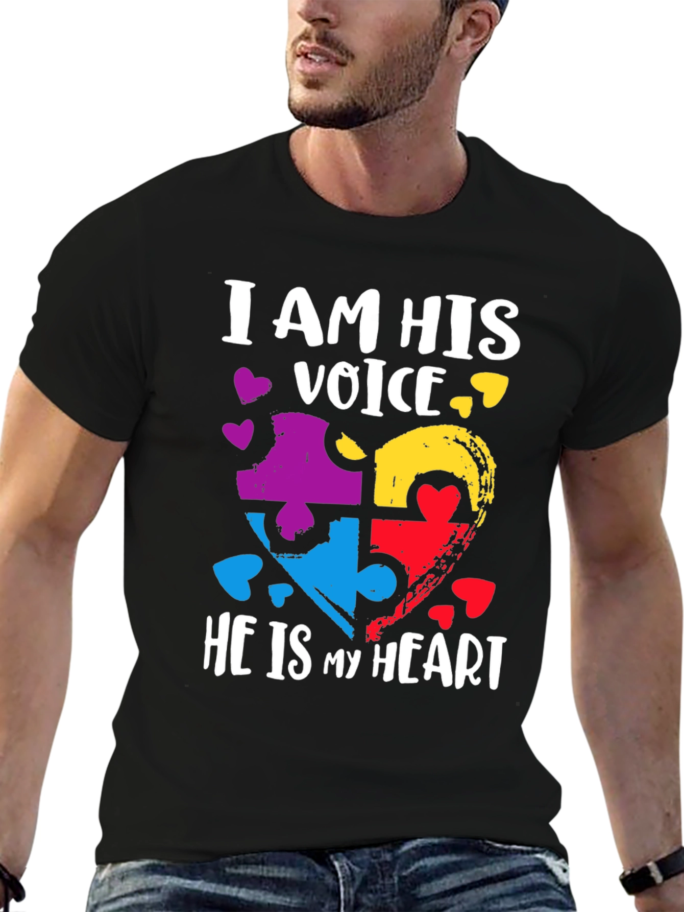 Black Autism Awareness Heart Puzzle T-Shirt view 6