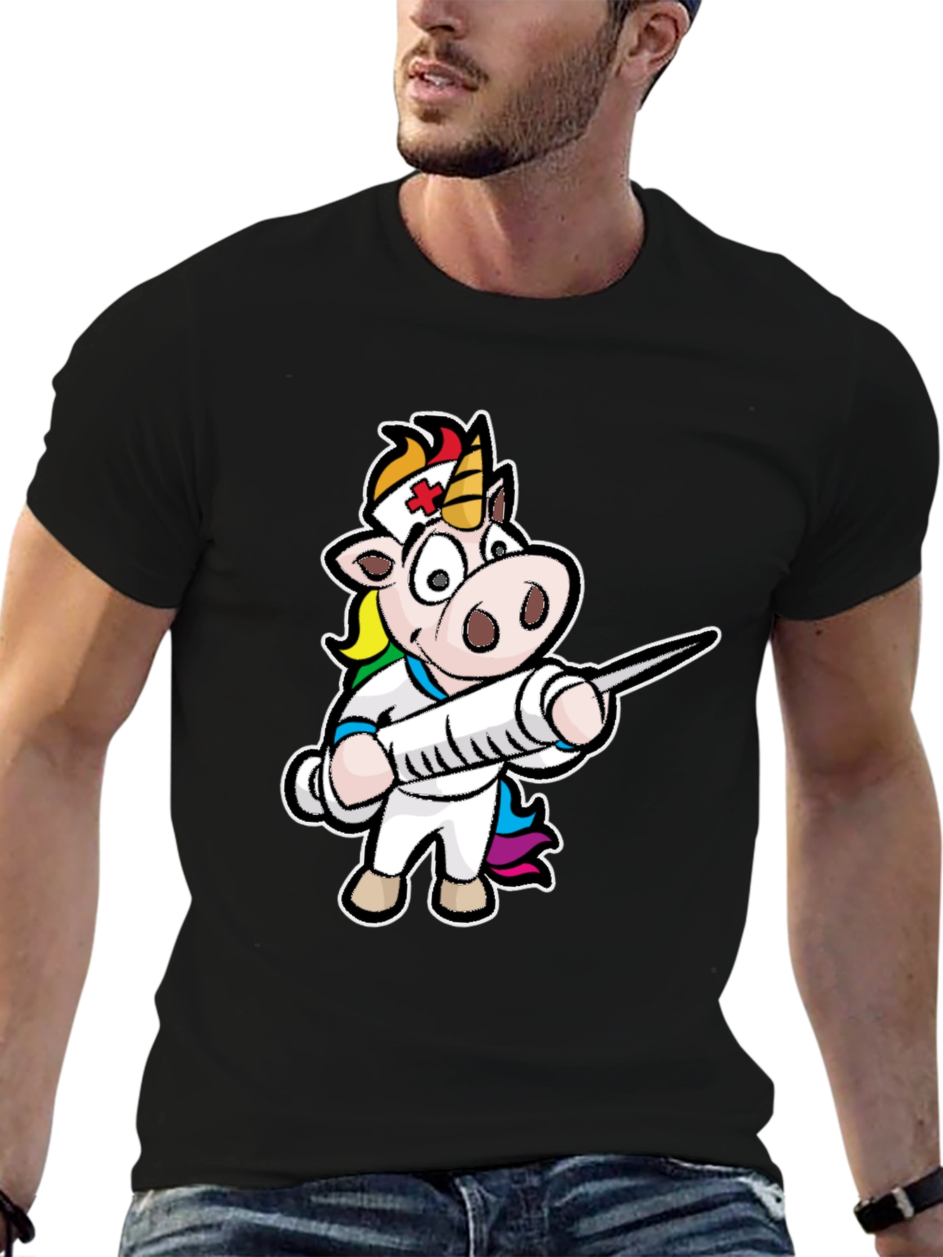 Black Nurse Unicorn T-Shirt - Cartoon Graphic Tee view 6