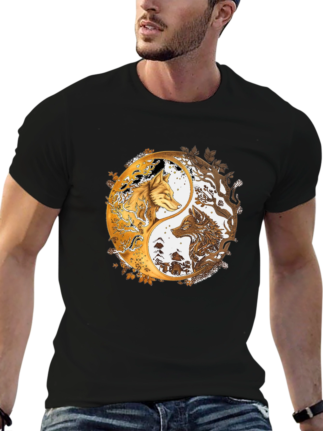 Black Yin Yang Wolves Graphic Black Tee view 6
