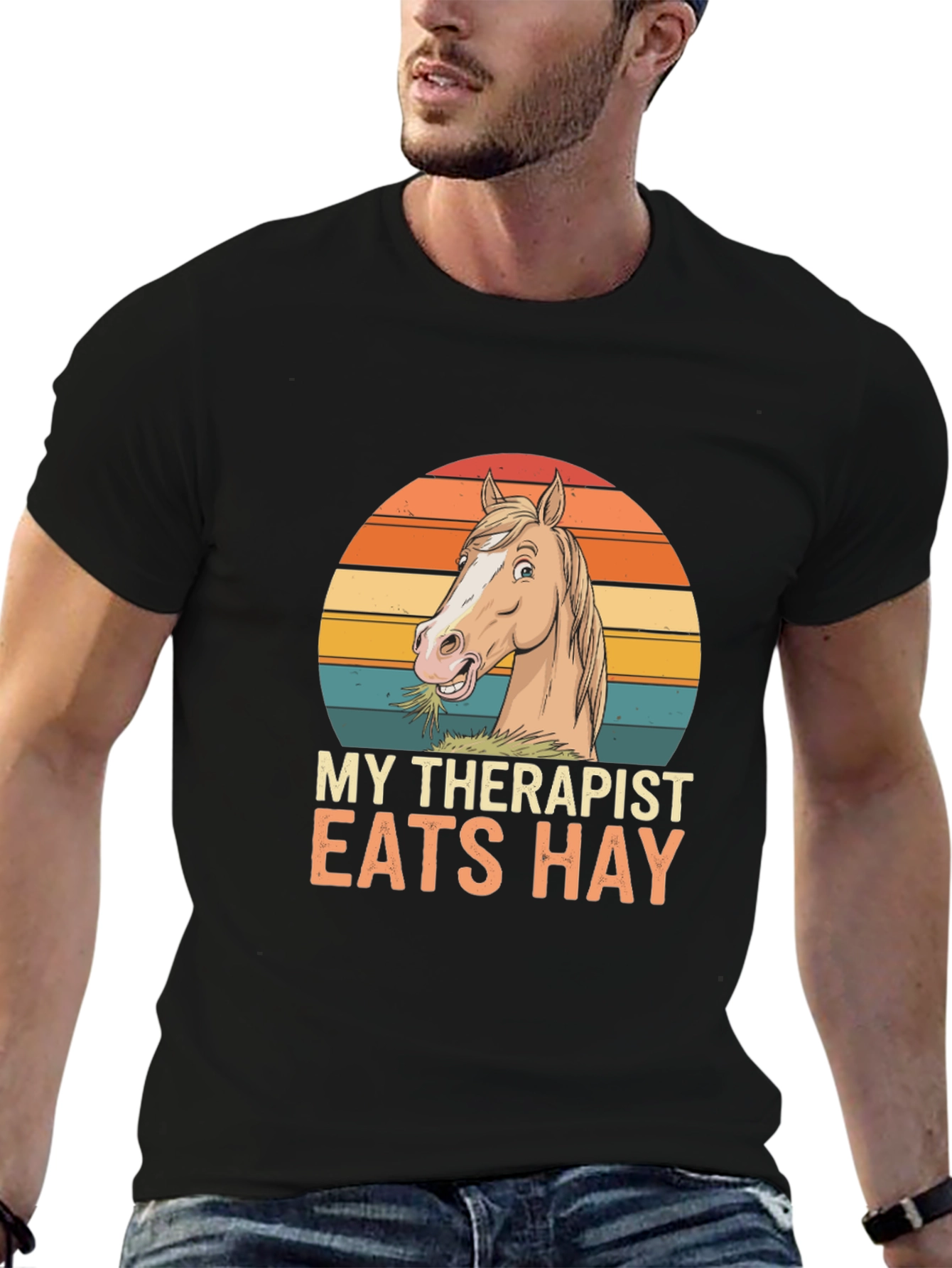 Black My Therapist Eats Hay T-Shirt - Horse Lover Tee view 6