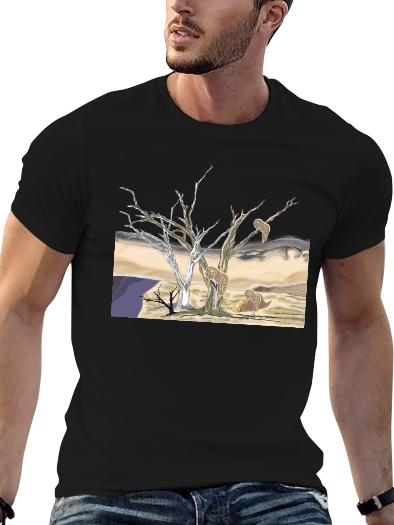 Black Unique Graphic Tee - Surreal Desert Landscape view 6
