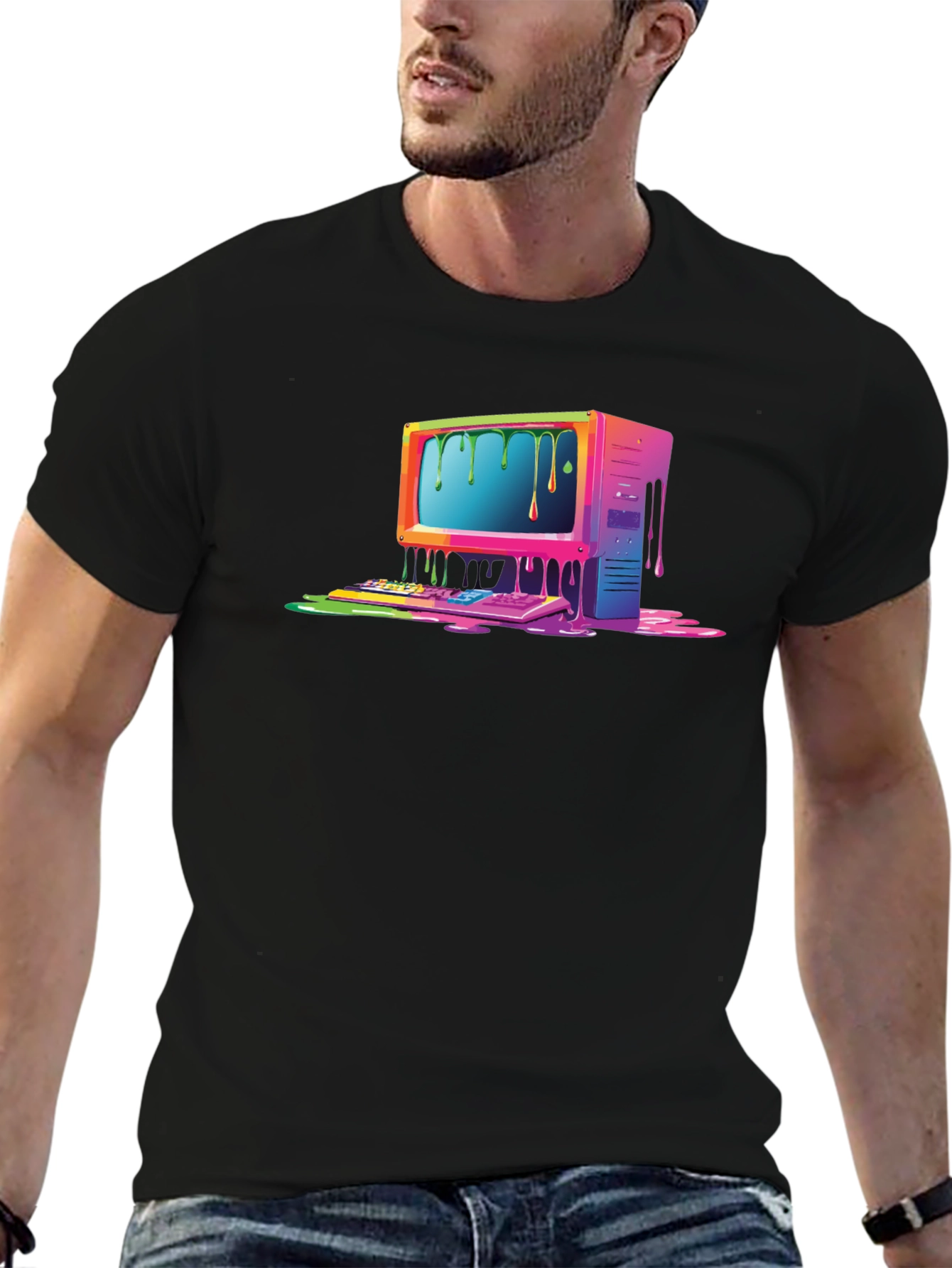Black Retro Melting Computer Graphic Tee - Black view 6