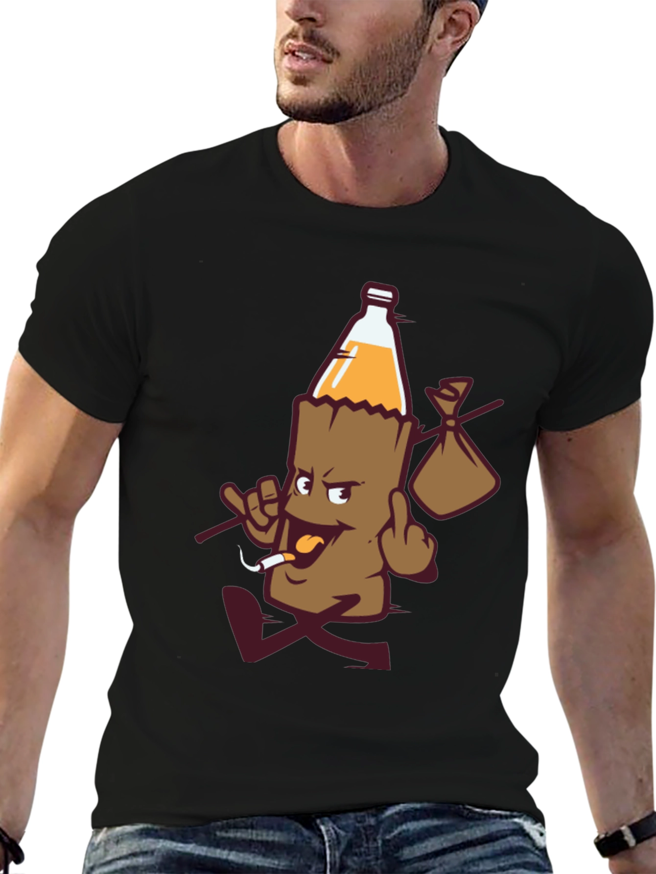 Black Novelty Cartoon Beer Bottle T-Shirt view 6