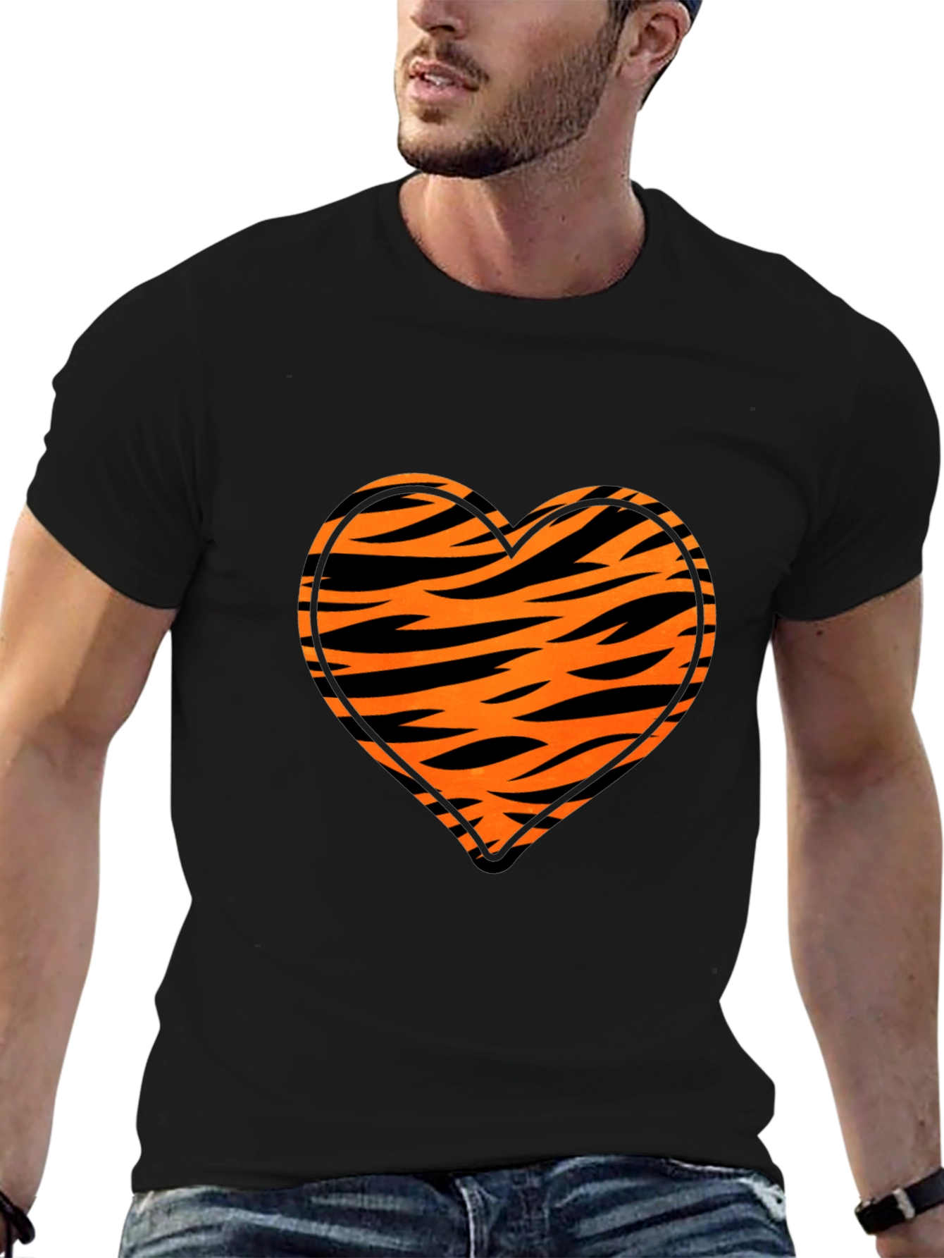 Black Tiger Stripe Heart Graphic Black T-Shirt view 6